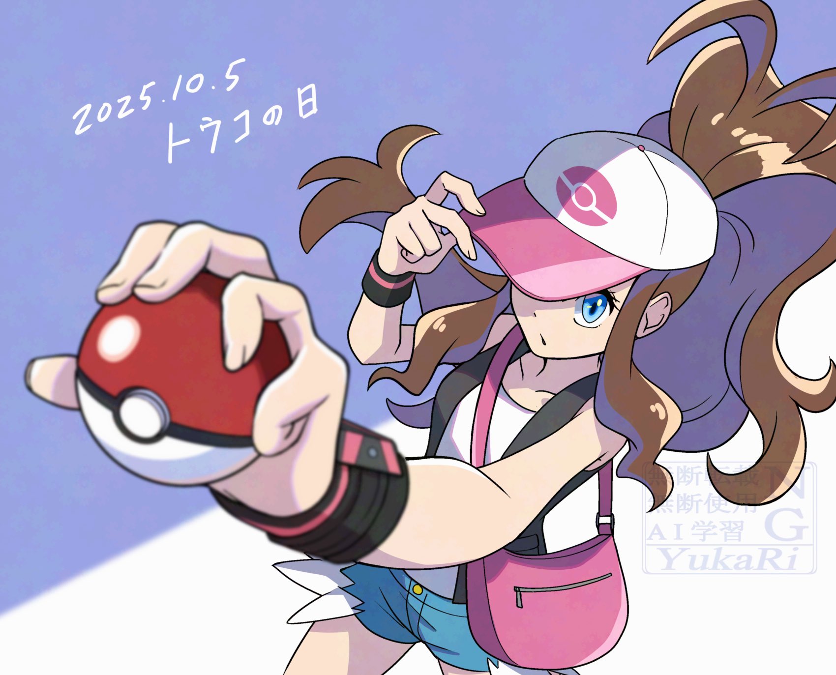 yukari (yukari21653710), hilda (pokemon), nintendo, pokemon, pokemon bw, highres, 1girl, baseball cap, black vest, blue background, blue eyes, brown hair, dated, denim, denim shorts, exposed pocket, hat, high ponytail, holding, holding poke ball, long hair, looking at viewer, open clothes, open vest, pink bag, poke ball, poke ball (basic), poke ball print, ponytail, shirt, shorts, simple background, solo, standing, upper body, vest, white hat, white shirt, wristband