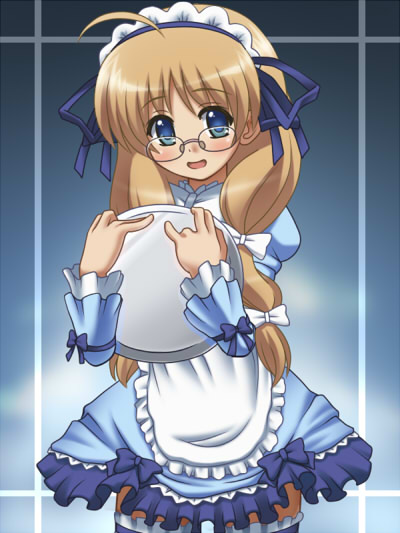 awa, hirohara yukiko, 11eyes, 00s, 1girl, blush, female focus, glasses, solo, thighhighs, tray, waitress, zettai ryouiki