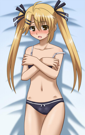 awa, kirishima kotone, nyan koi!, 00s, 1girl, ahoge, bed, blonde hair, blue panties, blush, bow, bow panties, bra, brown eyes, cameltoe, crossed arms, embarrassed, female focus, flat chest, from above, hair ornament, hair ribbon, hairclip, hip bones, lingerie, long hair, lying, navel, on back, open mouth, panties, ribbon, solo, strap slip, twintails, underwear, underwear only