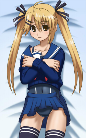 awa, kirishima kotone, nyan koi!, 00s, 1girl, blonde hair, crossed arms, female focus, one-piece swimsuit, school swimsuit, school uniform, serafuku, skirt, solo, swimsuit, swimsuit under clothes, thighhighs, twintails