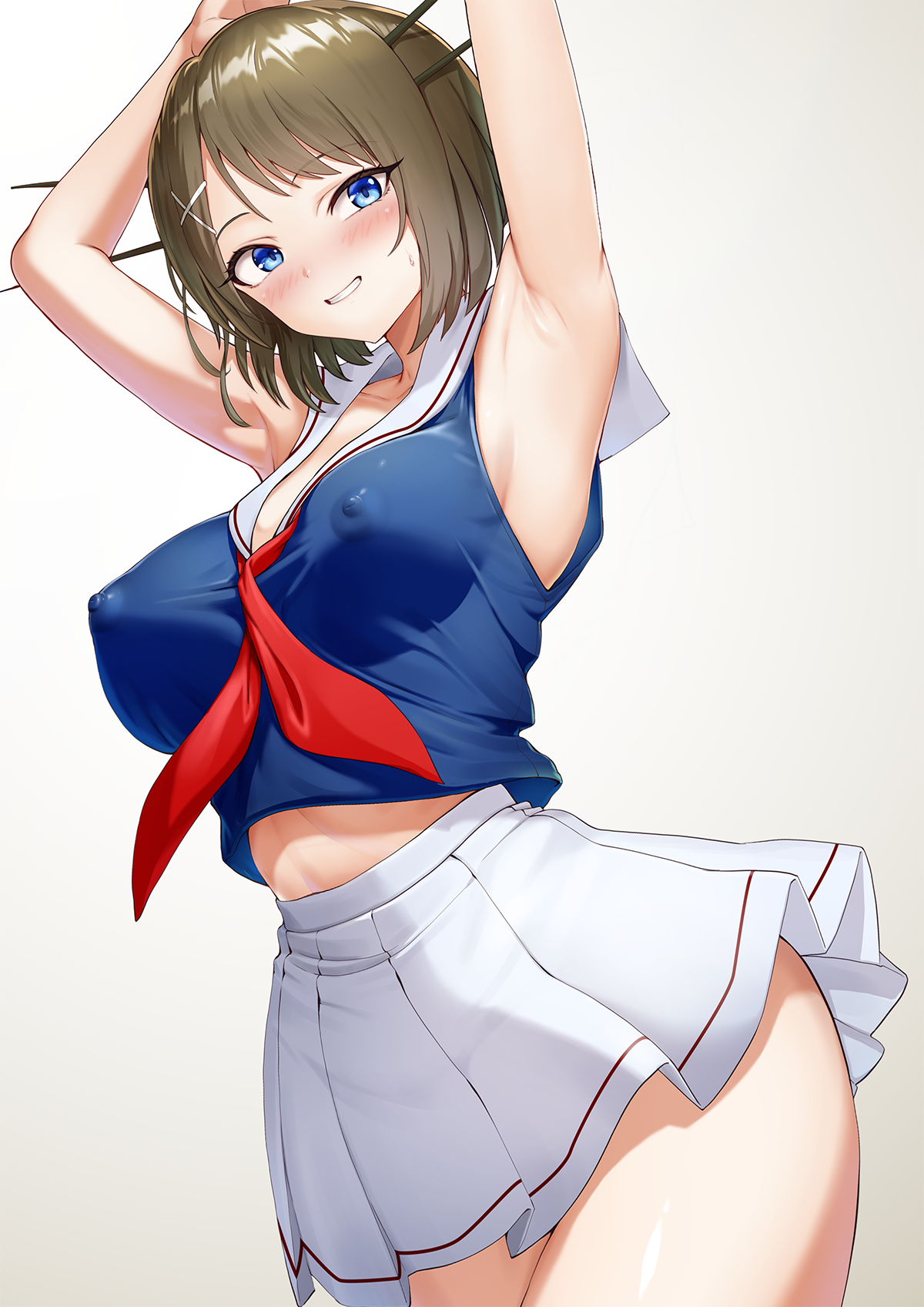 effort star, maya (kancolle), kantai collection, commentary, english commentary, highres, 1girl, armpits, arms up, bare shoulders, blue eyes, blue shirt, blush, breasts, brown hair, collarbone, covered erect nipples, hair ornament, headgear, large breasts, looking at viewer, neckerchief, parted lips, pleated skirt, red neckerchief, school uniform, serafuku, shirt, short hair, simple background, skirt, sleeveless, sleeveless shirt, smile, solo, sweatdrop, thighs, white background, white skirt, x hair ornament