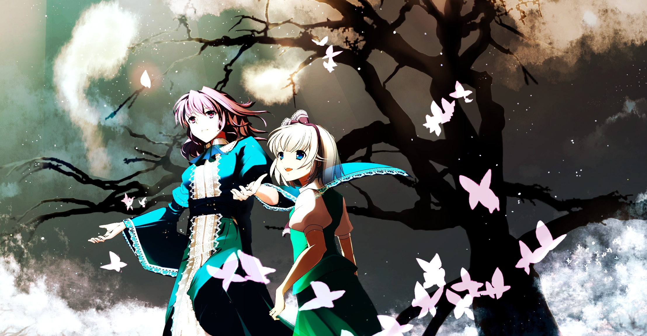 fk, konpaku youmu, konpaku youmu (ghost), saigyouji yuyuko, touhou, silver hair, highres, 2girls, ascot, blue eyes, bow, bug, butterfly, female focus, ghost, hair bow, hairband, japanese clothes, lace-trimmed sleeves, lace trim, multiple girls, pink eyes, pink hair, short hair, skirt, skirt set, sky, tree, vest