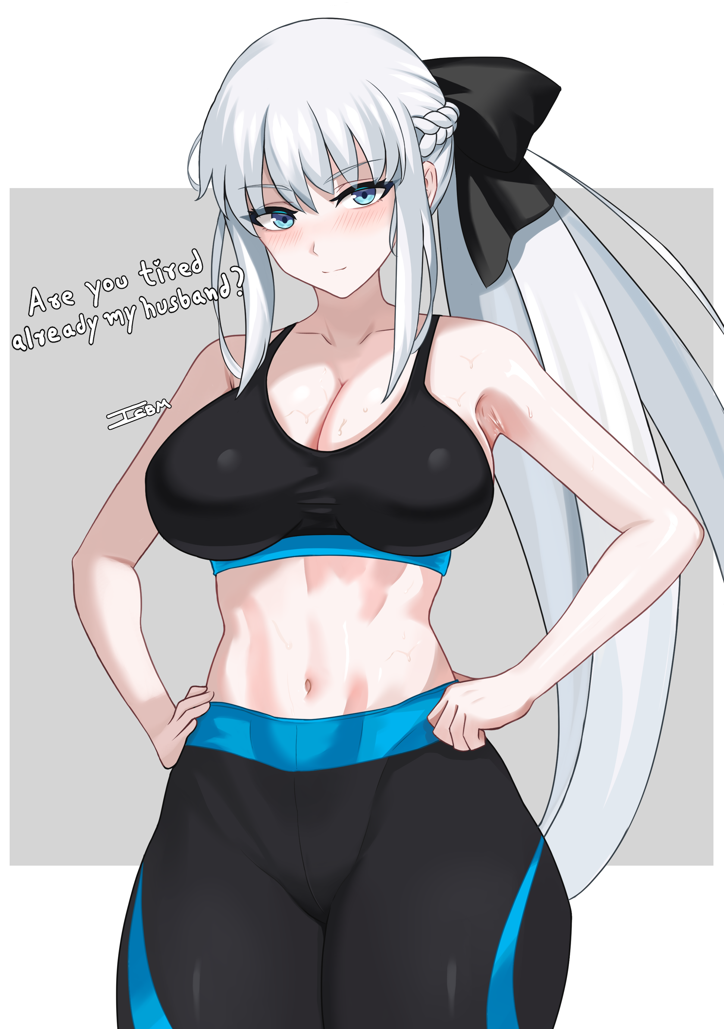 icbm100, morgan le fay (fate), fate/grand order, fate (series), absurdres, highres, 1girl, bare shoulders, black bow, black pants, black sports bra, blue eyes, blush, bow, braid, breasts, cleavage, collarbone, english text, grey hair, hair bow, large breasts, long hair, looking at viewer, navel, pants, ponytail, sidelocks, solo, sports bra, thighs, very long hair, yoga pants