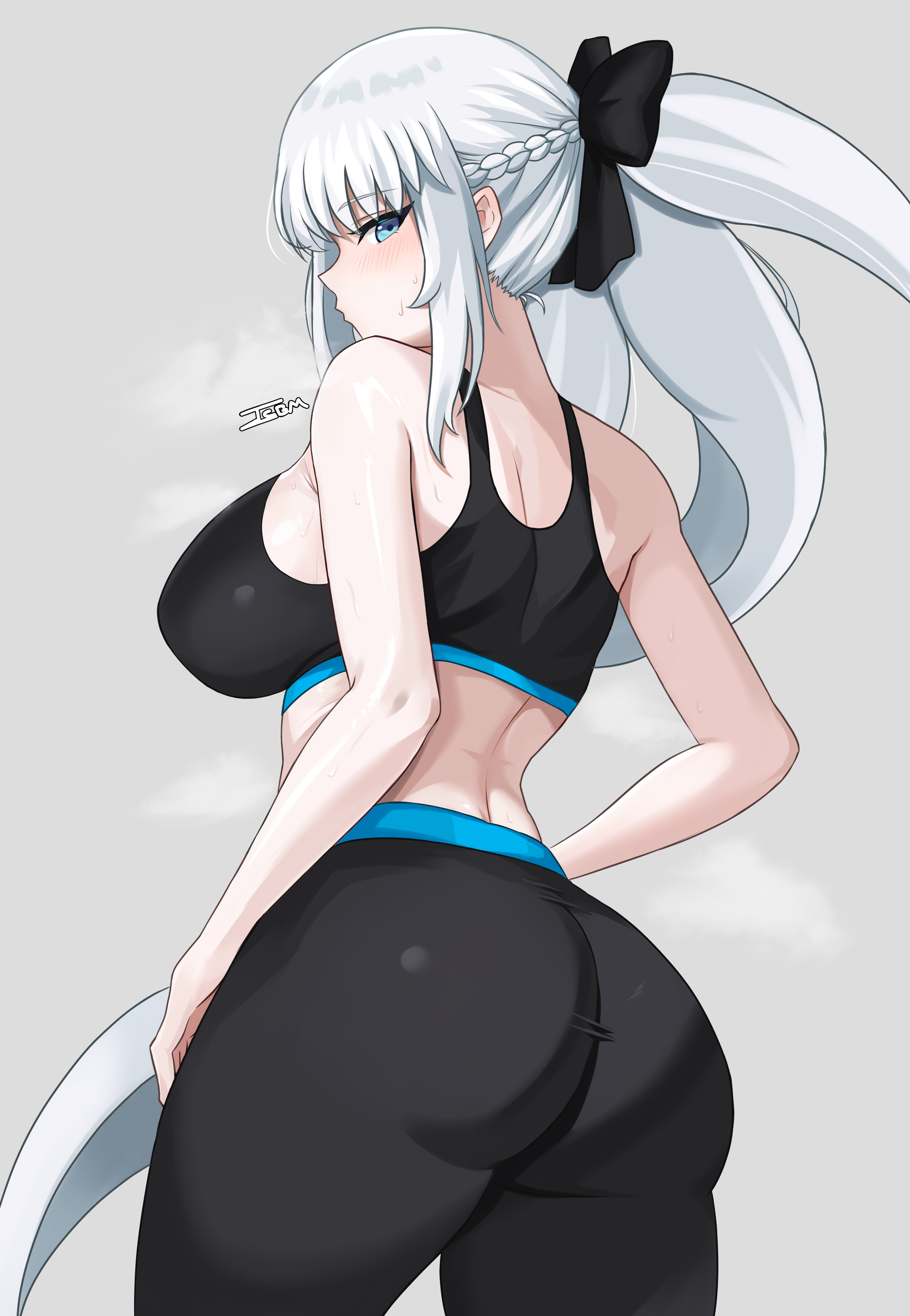 icbm100, morgan le fay (fate), fate/grand order, fate (series), absurdres, highres, 1girl, ass, back, black bow, black pants, black sports bra, blue eyes, blush, bow, braid, breasts, grey hair, hair bow, large breasts, long hair, looking at viewer, looking back, pants, ponytail, sidelocks, solo, sports bra, thighs, very long hair, yoga pants