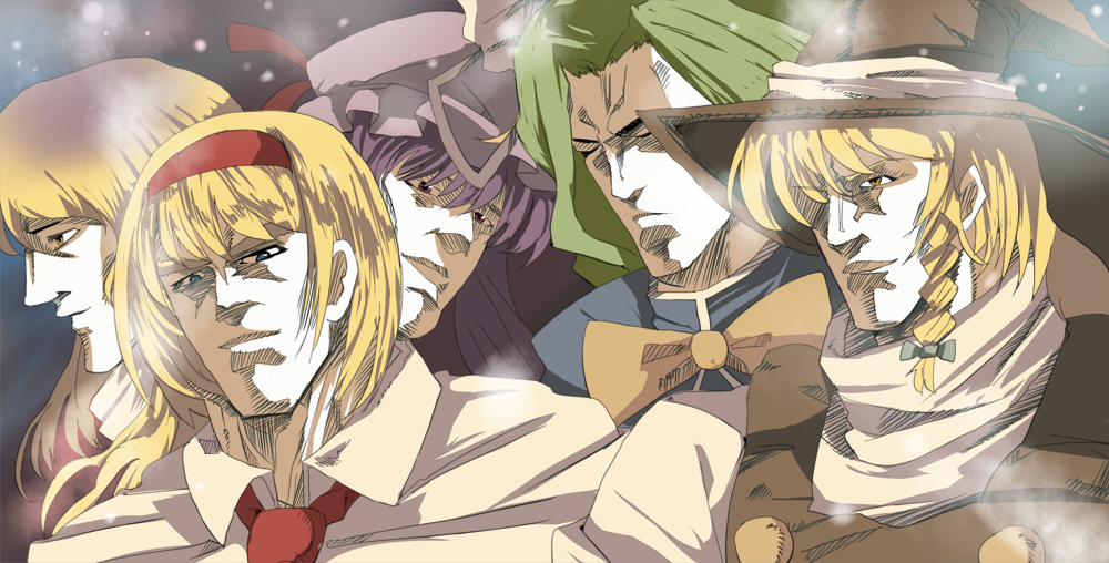 mieharu, alice margatroid, hijiri byakuren, kirisame marisa, mima (touhou), patchouli knowledge, hokuto no ken, touhou, touhou (pc-98), 5girls, blonde hair, female focus, hara tetsuo (style), manly, multiple girls, parody, style parody