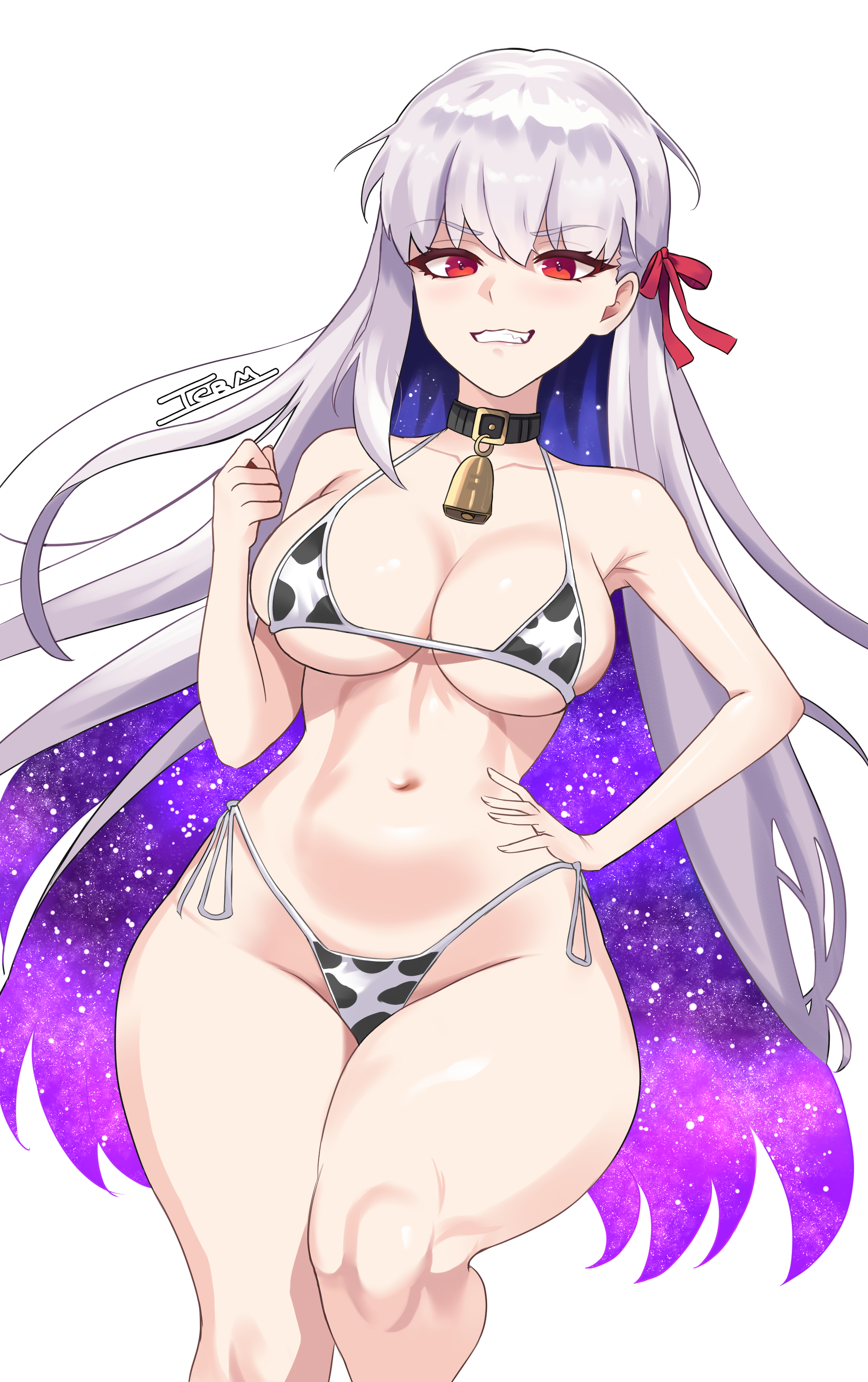 icbm100, kama (adult) (fate), kama (fate), fate/grand order, fate (series), absurdres, highres, 1girl, animal print, bare shoulders, bell, bikini, breasts, cleavage, collar, colored inner hair, cow print, cow print bikini, cowbell, evil grin, evil smile, gradient hair, grin, hair ribbon, large breasts, long hair, looking at viewer, micro bikini, multicolored hair, navel, print bikini, purple hair, red eyes, ribbon, smile, solo, swimsuit, very long hair, white bikini, white hair