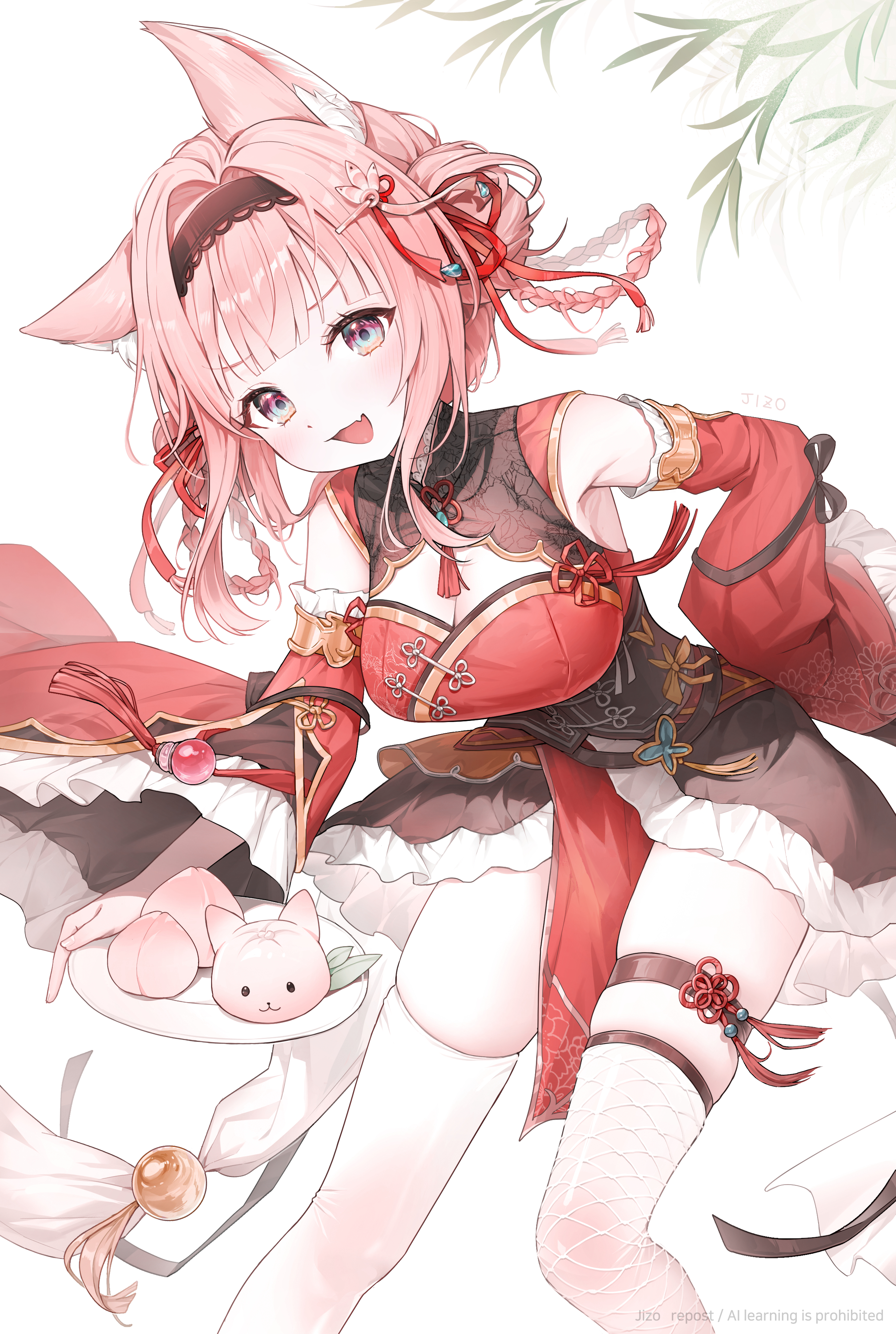 jizo 3×357, hakui koyori, hakui koyori (6th costume), hololive, absurdres, commentary request, highres, 1girl, :d, animal ear fluff, animal ears, armpits, asymmetrical legwear, black hairband, braid, braided hair rings, breasts, china dress, chinese clothes, cleavage, cleavage cutout, clothing cutout, detached sleeves, double bun, dress, fishnet thighhighs, fishnets, frilled dress, frilled sleeves, frills, hair bun, hair rings, hairband, holding, holding plate, large breasts, leaning forward, looking at viewer, mismatched legwear, open mouth, pink hair, plate, purple eyes, red dress, red sleeves, short dress, short hair, simple background, sleeveless, sleeveless dress, smile, solo, thigh strap, thighhighs, virtual youtuber, white background, white thighhighs, wide sleeves, wolf ears, wolf girl