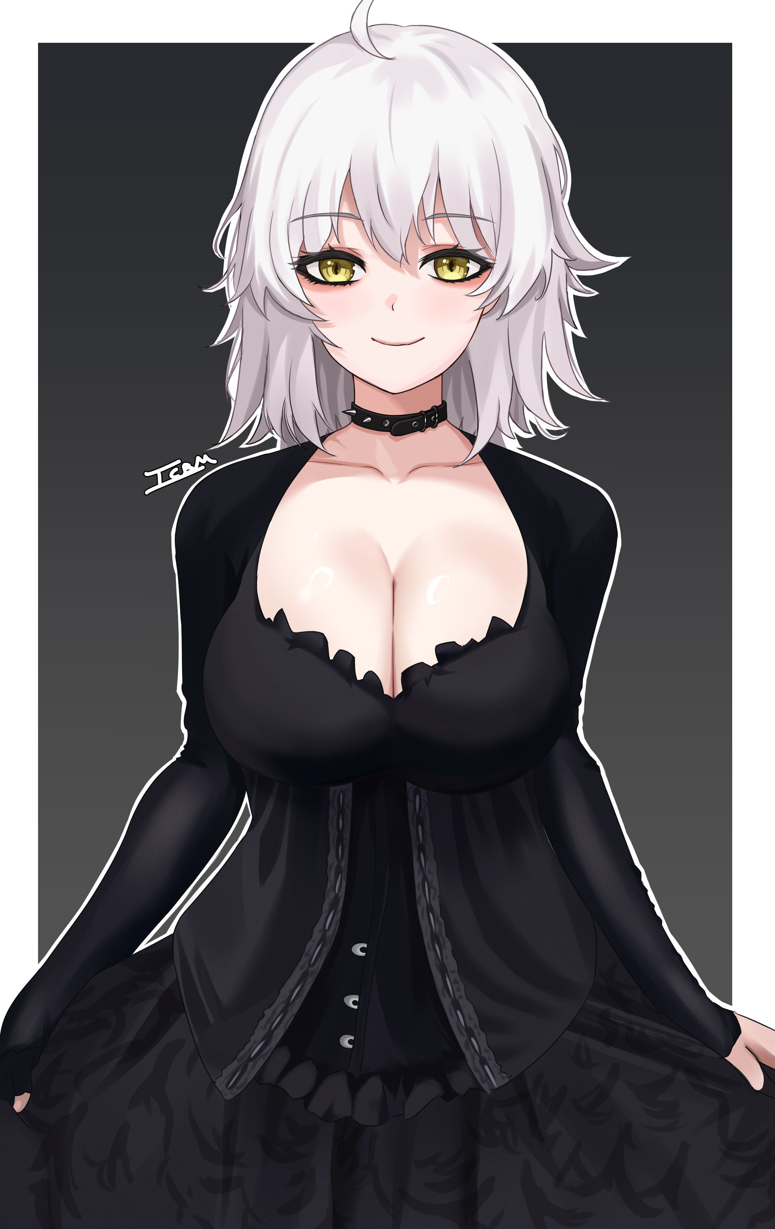 icbm100, jeanne d'arc alter (fate), fate/grand order, fate (series), absurdres, highres, 1girl, ahoge, black dress, blush, breasts, choker, cleavage, dress, grey hair, large breasts, long sleeves, looking at viewer, short hair, smile, solo, yellow eyes