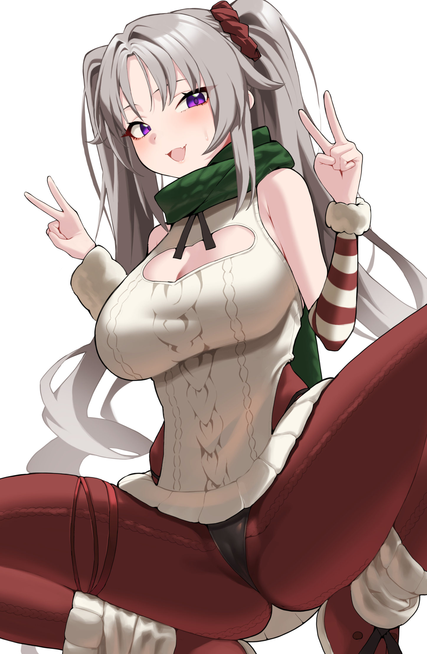 kumamiya, laru (stella sora), stella sora, commentary request, highres, 1girl, :d, backless sweater, black panties, breasts, cleavage, cleavage cutout, clothing cutout, double v, fur arm warmers, green scarf, grey hair, large breasts, laru (snowish) (stella sora), long hair, looking at viewer, no headwear, open mouth, panties, pantyhose, purple eyes, red pantyhose, scarf, simple background, sleeveless, sleeveless sweater, smile, spread legs, sweater, twintails, underwear, v, white arm warmers, white background
