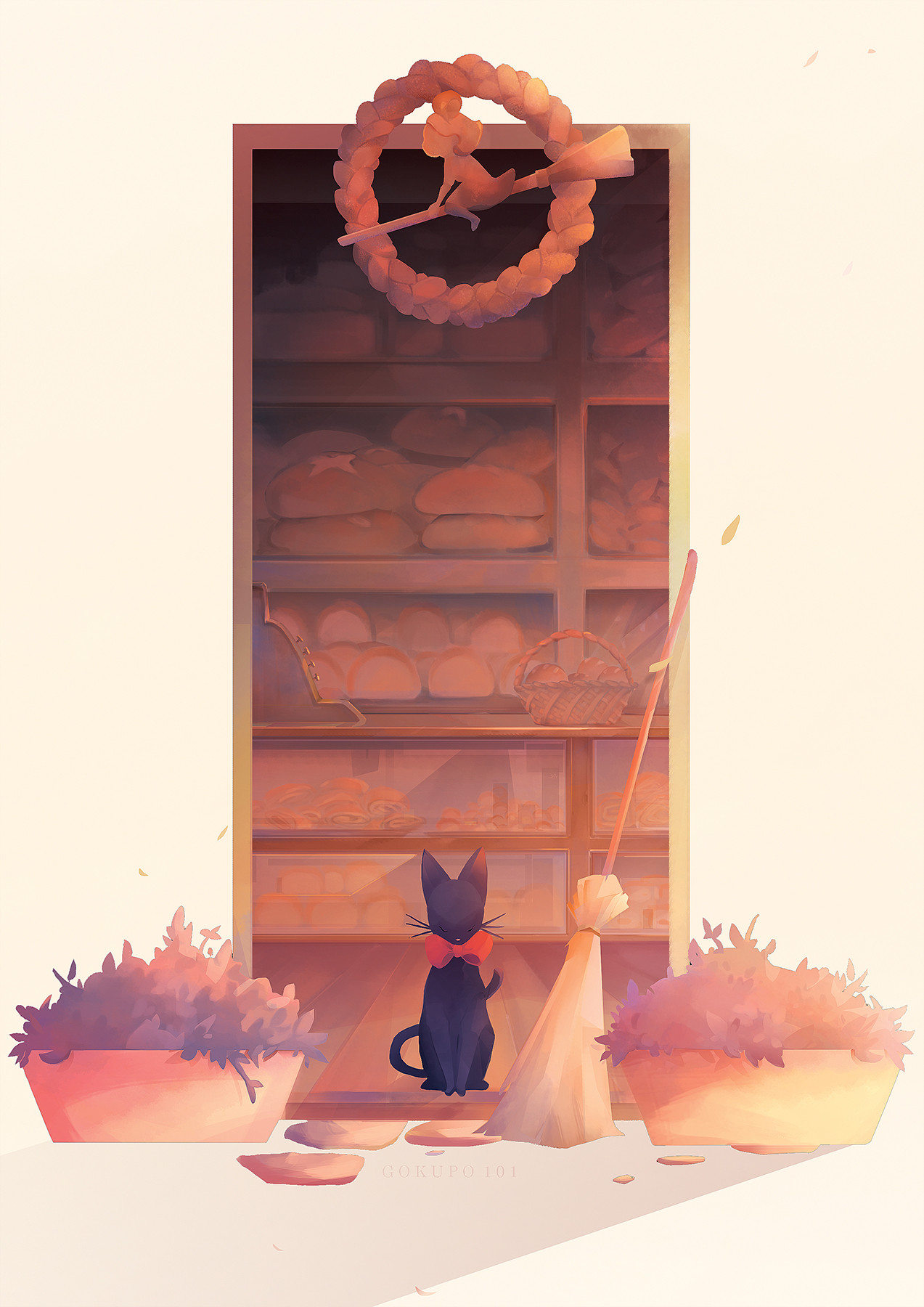 gokupo101, jiji (majo no takkyuubin), majo no takkyuubin, highres, animal, artist name, baguette, bakery, black cat, bread, brioche, broom, cake, cat, closed eyes, food, no humans, shop, swiss roll, whiskers