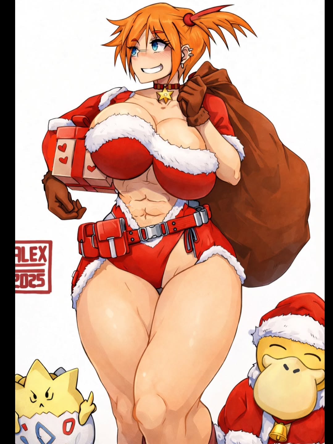 artalexc, misty (pokemon), psyduck, togepi, nintendo, pokemon, pokemon (anime), pokemon (classic anime), pokemon rgby, highres, 1girl, abs, aged up, alternate costume, bag, bell, belt, belt pouch, black border, blue eyes, blush, border, box, breasts, brown gloves, capelet, carrying, carrying over shoulder, choker, christmas, cleavage, clothing cutout, collarbone, curvy, ear piercing, earrings, fur-trimmed capelet, fur trim, gen 1 pokemon, gen 2 pokemon, gift, gift box, gloves, grin, hat, holding, holding gift, holding sack, huge breasts, jewelry, large breasts, looking to the side, midriff, muscular, muscular female, navel, neck bell, orange hair, piercing, pokemon (creature), pouch, red capelet, red choker, sack, santa costume, santa hat, short hair, side ponytail, simple background, smile, standing, thick thighs, thigh gap, thighs, thumbs up, toned, unaligned breasts, white background, wide hips
