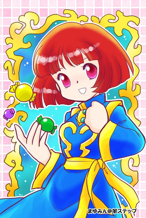 kisaragi miyuki, cotton (character), cotton (game), commentary request, 1girl, blue shirt, blue skirt, blunt bangs, candy, candy wrapper, cowboy shot, food, looking at viewer, open mouth, red eyes, red hair, sash, shirt, short hair, skirt, smile, solo, standing, takemoto izumi (style), wide sleeves, yellow sash