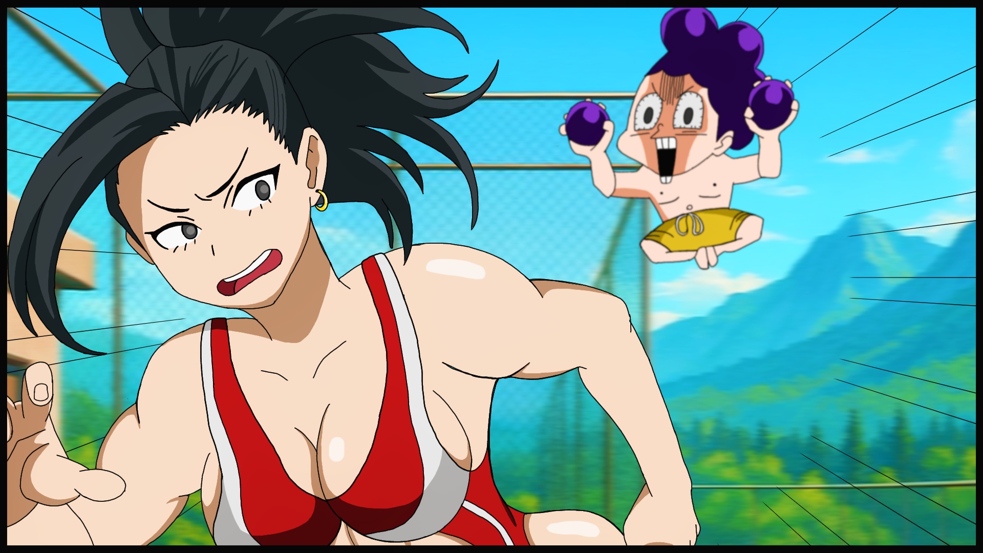 mineta minoru, yaoyorozu momo, boku no hero academia, highres, non-web source, third-party edit, ass, bikini, breasts, chasing, huge ass, large breasts, pervert, sexual harassment, swimsuit