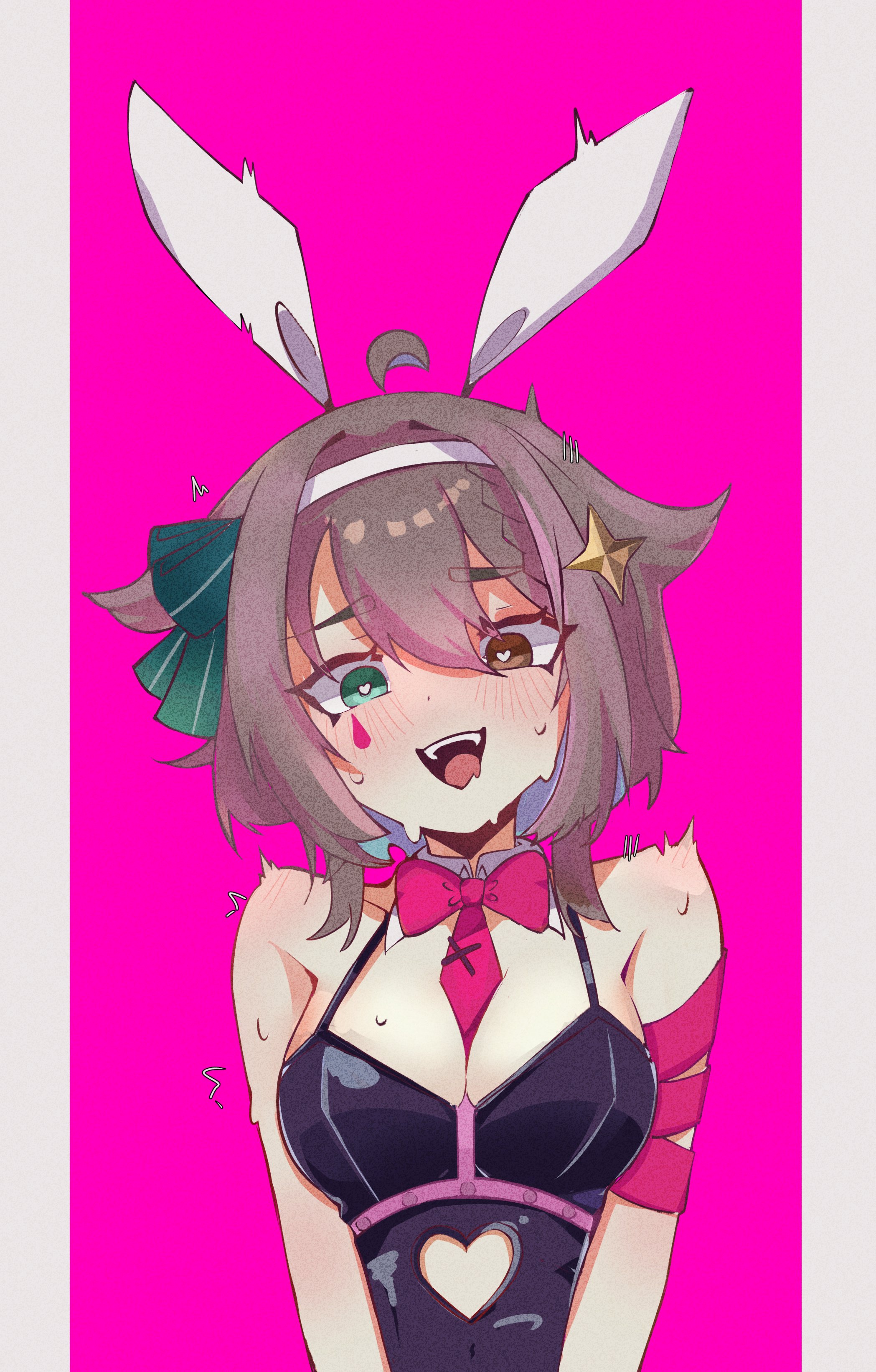 mary yerlein, meica (vtuber), indie virtual youtuber, rabbit hole (vocaloid), absurdres, commentary, highres, symbol-only commentary, 1girl, :d, ahoge, animal ears, arm ribbon, black leotard, blue hair, blush, border, bow, bowtie, braid, braided bangs, breasts, bright pupils, brown eyes, brown hair, clothing cutout, collar, colored inner hair, detached collar, facial mark, frown, green bow, green eyes, hair between eyes, hair bow, hair flaps, hair ornament, hairband, heart, heart-shaped pupils, heart cutout, heterochromia, large breasts, leotard, looking at viewer, medium hair, multicolored hair, necktie, object in bra, open mouth, pillarboxed, pink background, pink bow, pink bowtie, pink necktie, playboy bunny, rabbit ears, ribbon, smile, star (symbol), star hair ornament, stomach cutout, sweat, symbol-shaped pupils, teardrop facial mark, teeth, twitching, upper teeth only, virtual youtuber, white border, white collar, white hairband, white pupils, wing collar