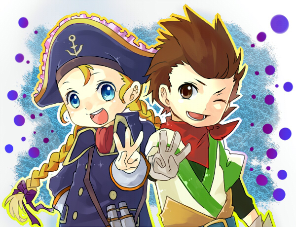 pi-xi-v, karol capel, patty fleur, tales of (series), tales of vesperia, bad id, bad pixiv id, 00s, 1boy, 1girl, binoculars, blonde hair, blue eyes, braid, brown eyes, brown hair, child, gloves, hat, long hair, one eye closed, scarf, smile, twin braids, wink