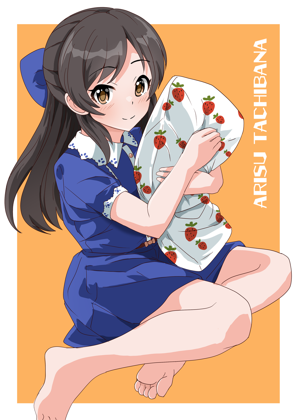 illustscody, tachibana arisu, idolmaster, idolmaster cinderella girls, commentary request, highres, 1girl, barefoot, black hair, blue dress, border, brown eyes, character name, closed mouth, dress, food print, fruit print, full body, hands up, holding, holding pillow, long hair, looking at viewer, orange background, outside border, parted bangs, pillow, short sleeves, simple background, sitting, smile, solo, split mouth, strawberry print, white border, yokozuwari