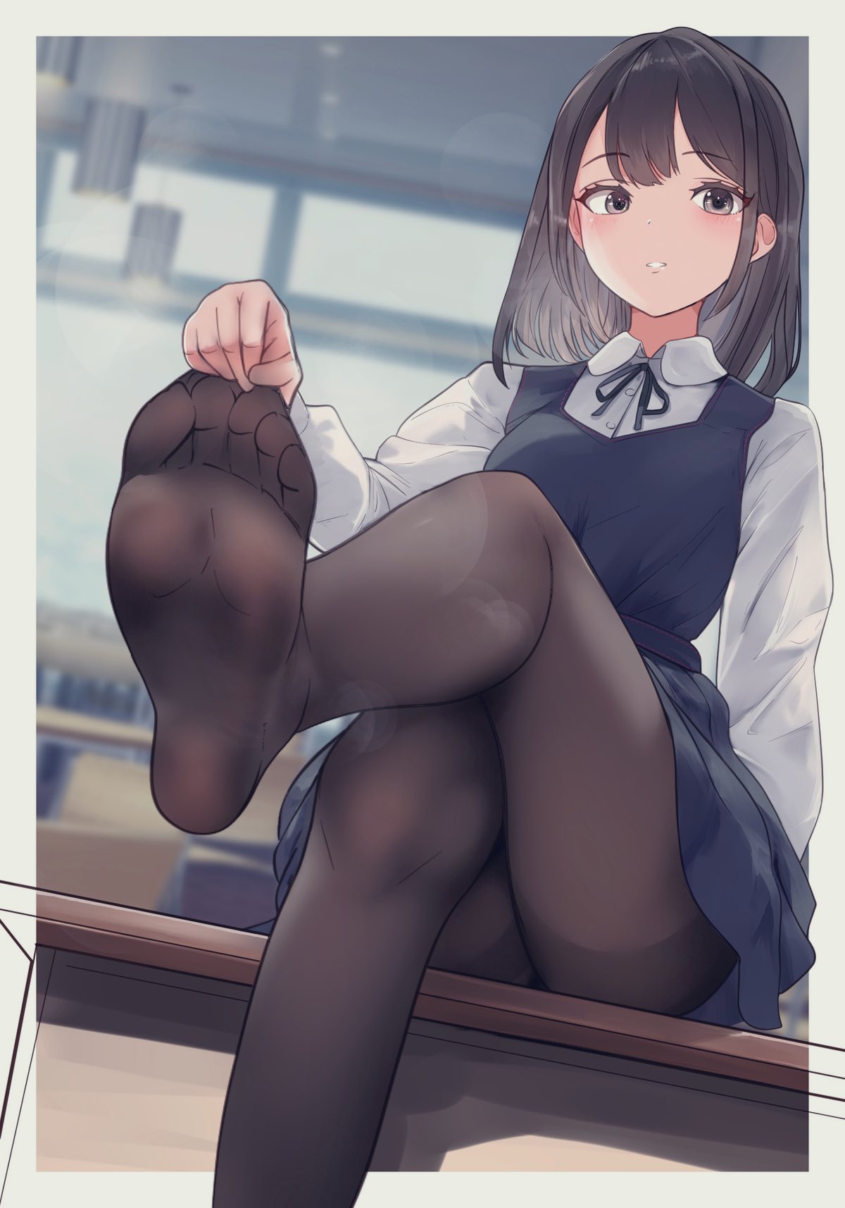 lumina414, original, highres, 1girl, black pantyhose, blue dress, blurry, blurry background, blush, border, breasts, brown eyes, brown hair, collared shirt, desk, dress, feet, foot focus, foot out of frame, foreshortening, legs, long sleeves, looking at viewer, medium hair, neck ribbon, no shoes, on desk, pantyhose, parted lips, ribbon, school uniform, shadow, shirt, short dress, sitting, small breasts, smell, soles, solo, steaming body, thighband pantyhose, toes, white border