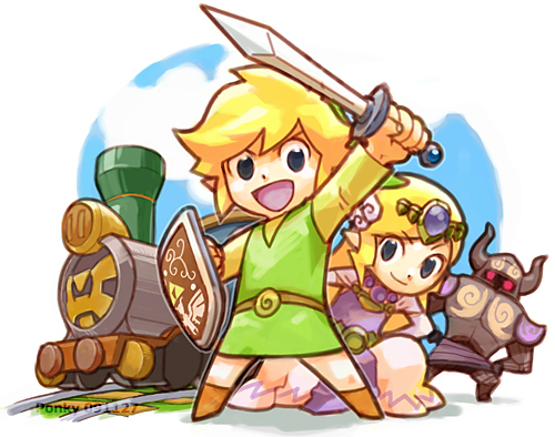 ponky, link, princess zelda, toon link, nintendo, the legend of zelda, the legend of zelda: spirit tracks, lowres, 1boy, 1girl, armor, blonde hair, blue eyes, holding, holding sword, holding weapon, locomotive, long hair, pointy ears, shield, smile, steam locomotive, sword, tiara, train, weapon