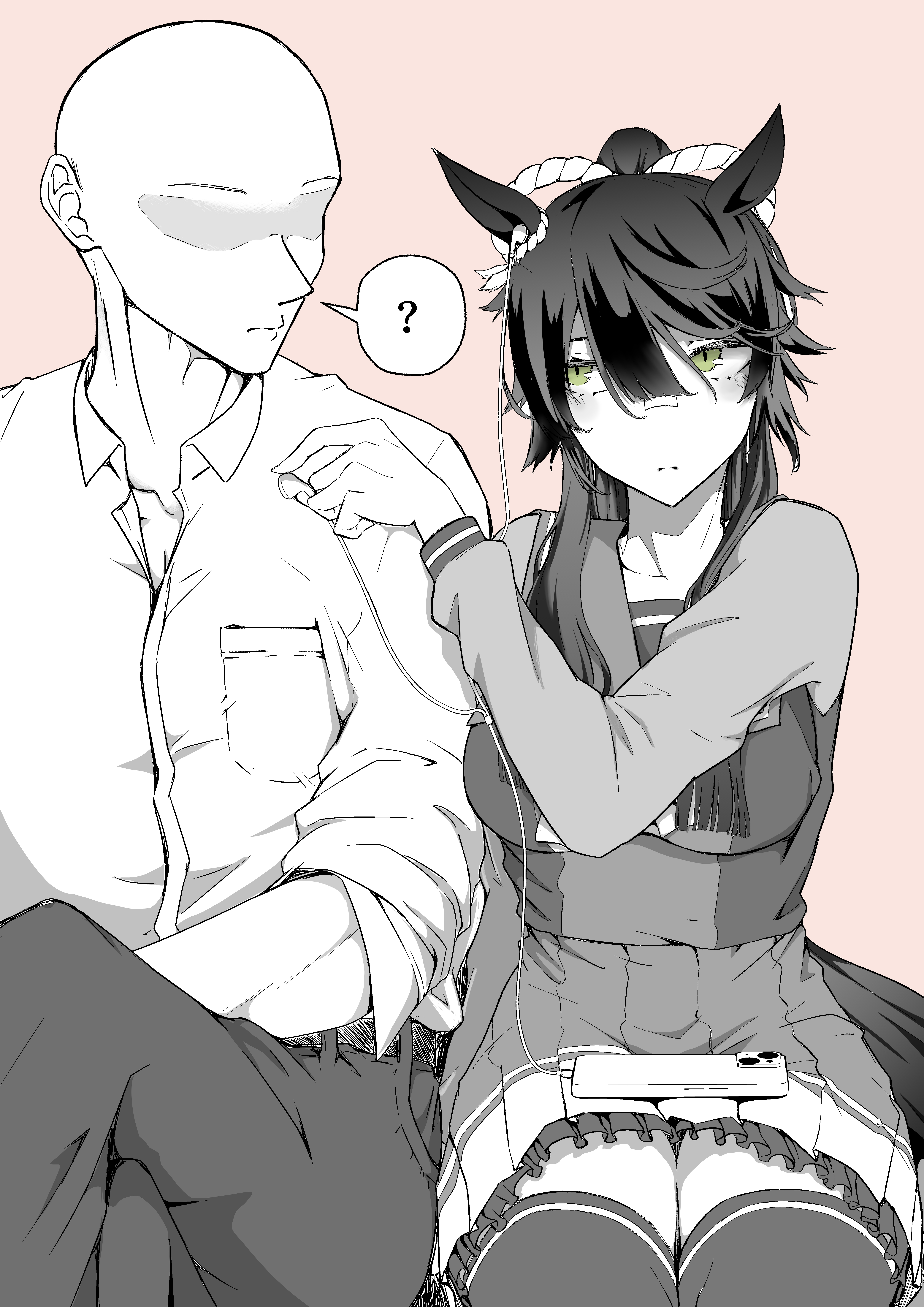 sakamoto shindobaddo, narita brian (umamusume), trainer (umamusume), umamusume, absurdres, commentary, highres, 1boy, 1girl, ?, animal ears, bald, bandaid, bandaid on face, bandaid on nose, belt, blunt bangs, breast pocket, breasts, cellphone, closed mouth, crossed legs, dress shirt, ear ornament, earbuds, earphones, faceless, feet out of frame, green eyes, greyscale with colored background, hair between eyes, holding, holding earbud, holding earphones, horse ears, horse girl, horse tail, incoming earphone, iphone, long hair, long sidelocks, long sleeves, looking at another, looking to the side, medium breasts, monochrome, no eyes, object on lap, pants, phone, pleated skirt, pocket, ponytail, sailor collar, school uniform, serafuku, shirt, shoulder-to-shoulder, side-by-side, sidelocks, sideways glance, simple background, single earphone removed, sitting, skirt, sleeves rolled up, smartphone, spoken question mark, spot color, tail, thighhighs, tracen school uniform, winter uniform, zettai ryouiki