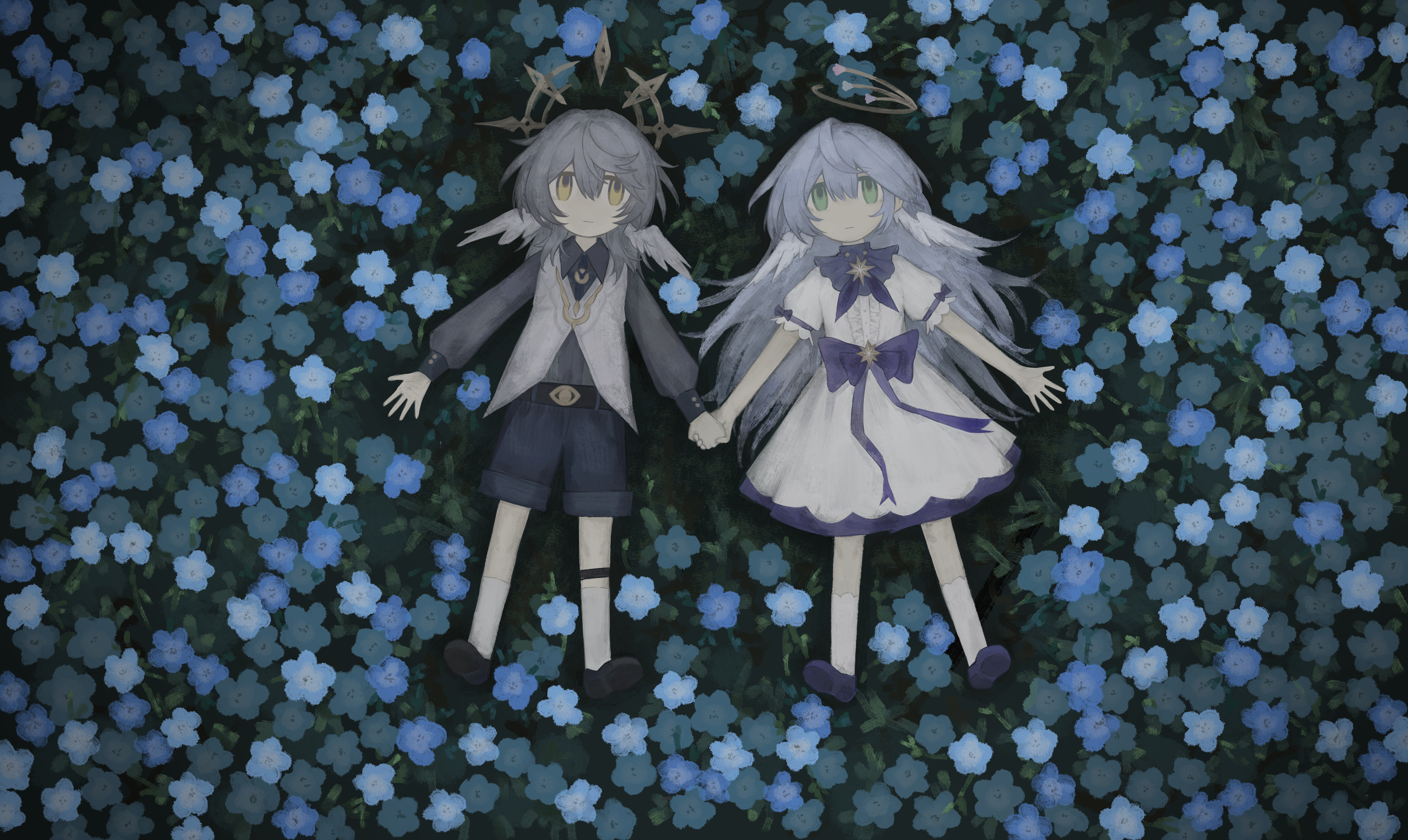 cacetse, robin (concert for two) (honkai: star rail), robin (honkai: star rail), sunday (concert for two) (honkai: star rail), sunday (honkai: star rail), honkai: star rail, honkai (series), absurdres, chinese commentary, commentary request, highres, 1boy, 1girl, bare arms, bare legs, blue flower, blue hair, brother and sister, dress, flower, green eyes, grey hair, halo, head wings, lying, on back, siblings, white wings, wings, yellow eyes, yellow halo