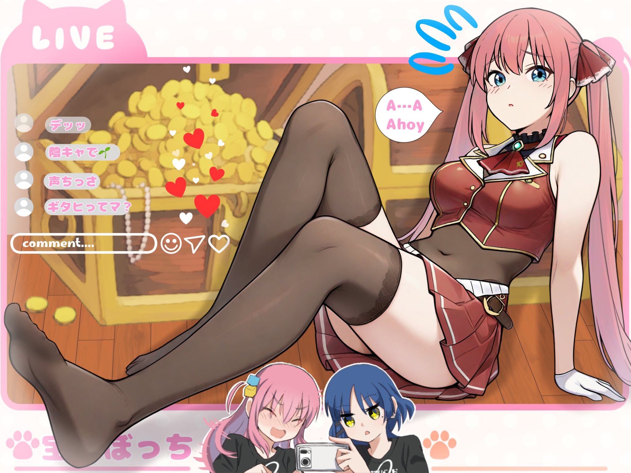 ryuhirohumi, gotoh hitori, houshou marine, houshou marine (1st costume), yamada ryo, bocchi the rock!, highres, 2girls, ascot, bare shoulders, belt, black shirt, blue eyes, blue hair, blush, breasts, brown belt, brown thighhighs, cellphone, coin, cosplay, cropped jacket, eyelashes, feet, full body, gold coin, gold trim, hair between eyes, hair ornament, holding, holding phone, houshou marine (cosplay), impossible clothes, legs, long hair, looking at viewer, medium breasts, medium hair, midriff, miniskirt, multiple girls, navel, no shoes, open mouth, parted lips, phone, pink hair, pleated skirt, red ascot, red skirt, shirt, sitting, skirt, sleeveless, smartphone, solo focus, speech bubble, thighhighs, thighs, toes, treasure chest, twintails, very long hair, virtual youtuber, wooden floor, zettai ryouiki