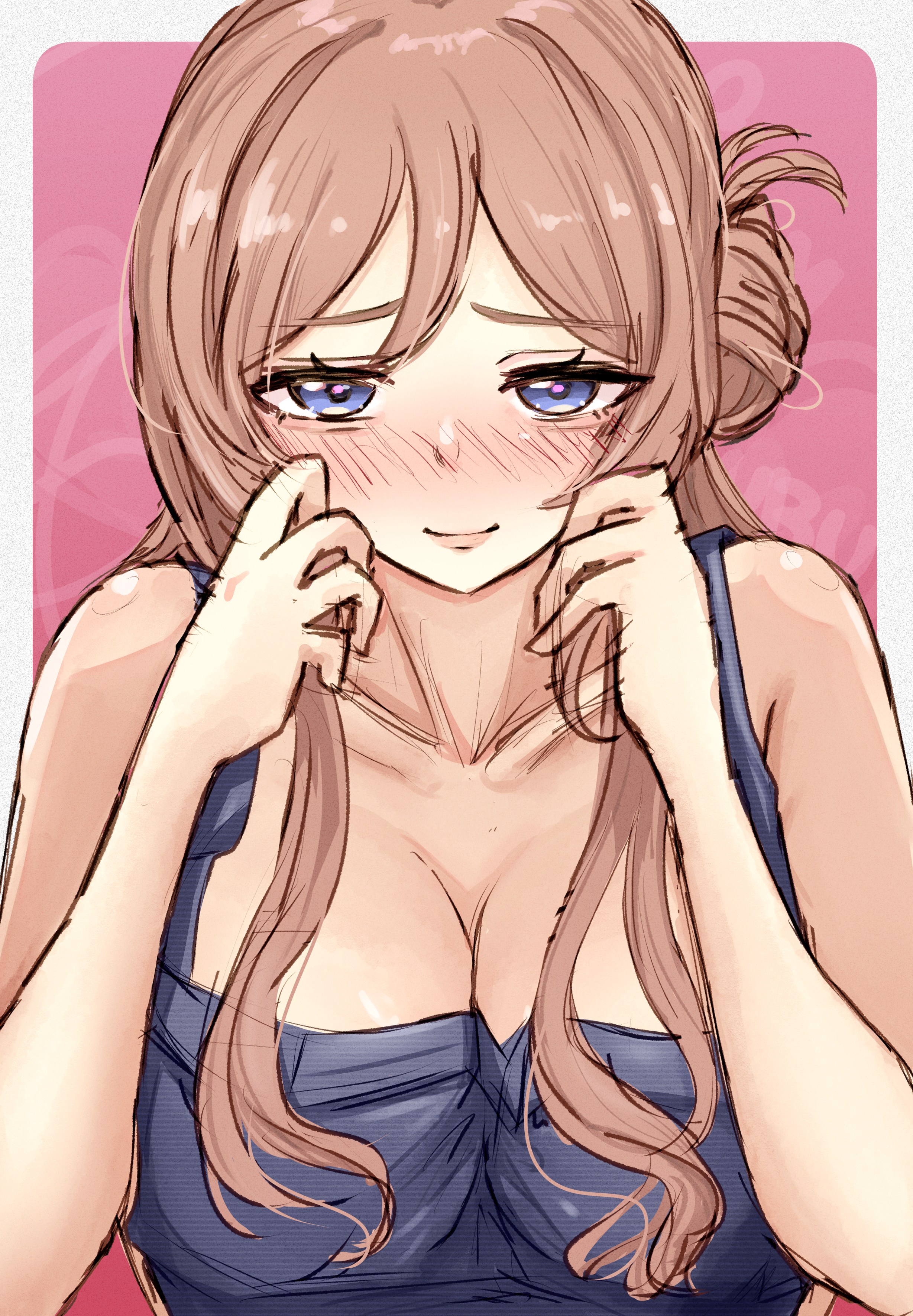 rutomiartdayo, himesaki rinami, gakuen idolmaster, idolmaster, absurdres, commentary request, highres, 1girl, apron, bare arms, blue apron, blue eyes, blush, border, breasts, brown hair, collarbone, large breasts, long hair, looking at viewer, nose blush, pink background, solo, upper body, white border