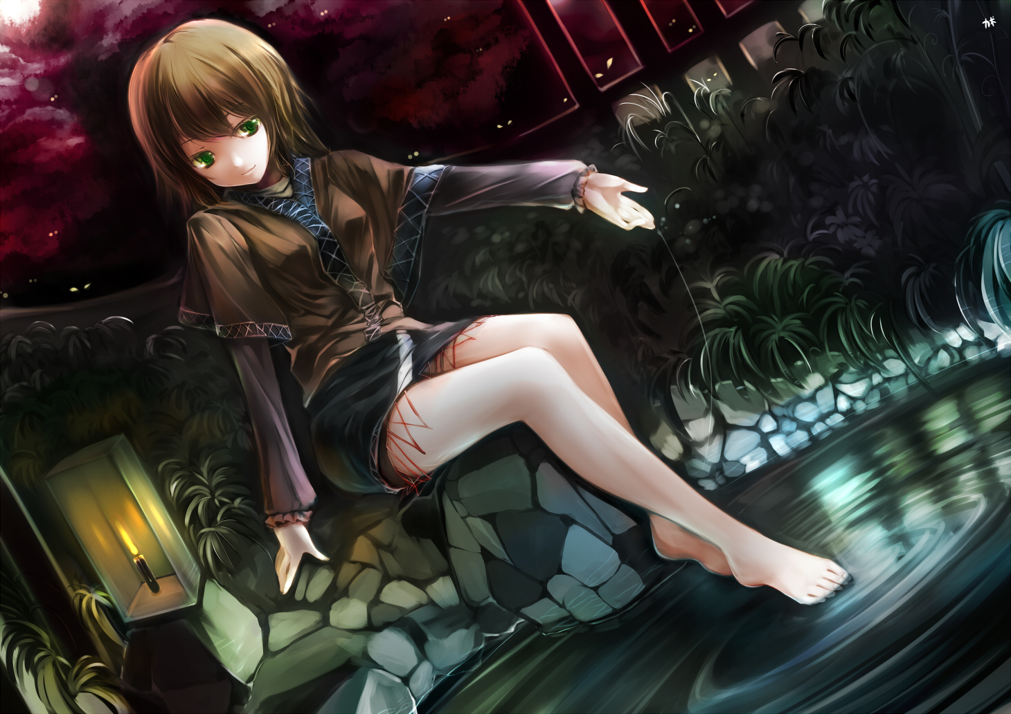 cofepig, mizuhashi parsee, touhou, bad id, bad pixiv id, 1girl, arm warmers, barefoot, blonde hair, candle, dutch angle, feet, female focus, green eyes, lantern, legs, short hair, sitting, smile, soaking feet, solo, water