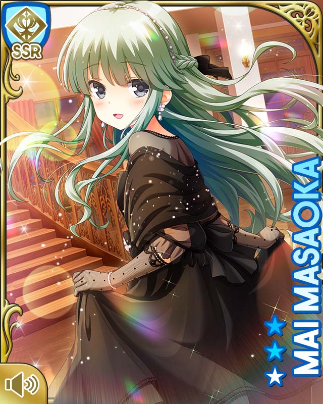 qp:flapper, masaoka mai, girlfriend (kari), official art, 1girl, black dress, black gloves, card (medium), character name, dress, earrings, flower, gloves, grey eyes, indoors, jewelry, long hair, looking at viewer, mansion, night, open mouth, rose, smile, solo focus, stairs, standing, white flower, white rose