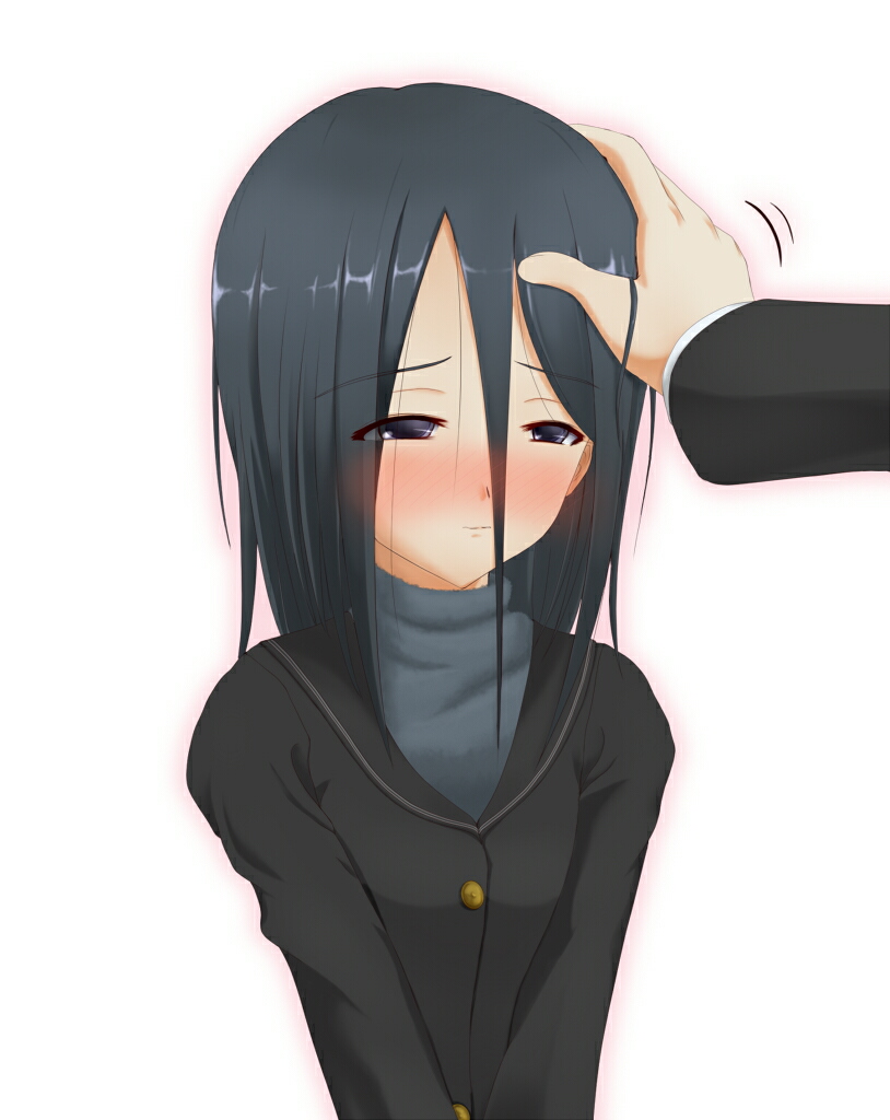 shimoku, hiba manaka, amagami, 1girl, black eyes, black hair, blush, headpat, short hair, solo focus
