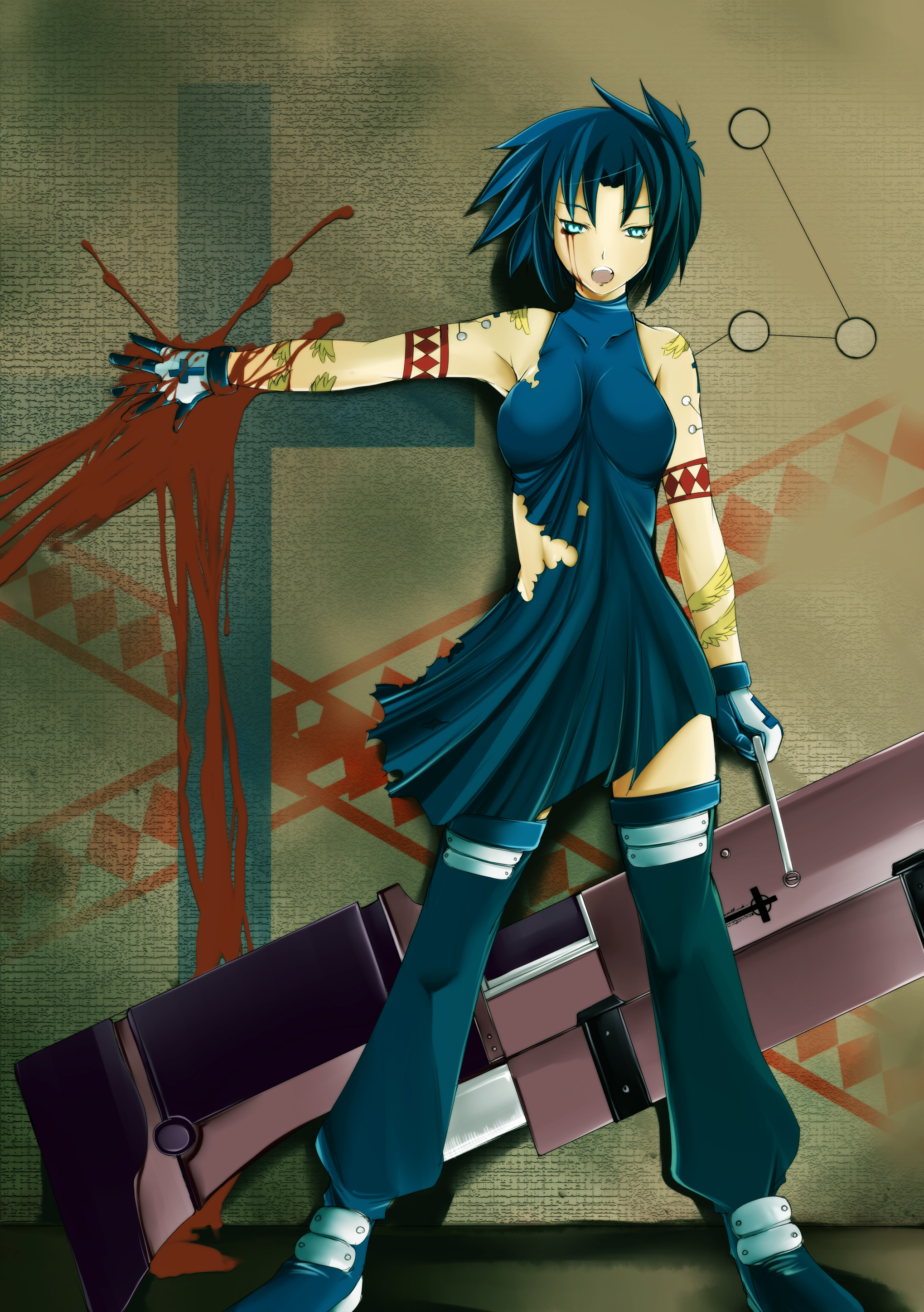 kojou, ciel (tsukihime), powered ciel, tsukihime, absurdres, bad id, bad pixiv id, highres, 00s, 1girl, armpits, bare shoulders, blood, blue hair, dress, female focus, gloves, halterneck, huge weapon, open mouth, pile bunker, seventh holy scripture, solo, tattoo, thighhighs, torn clothes, weapon