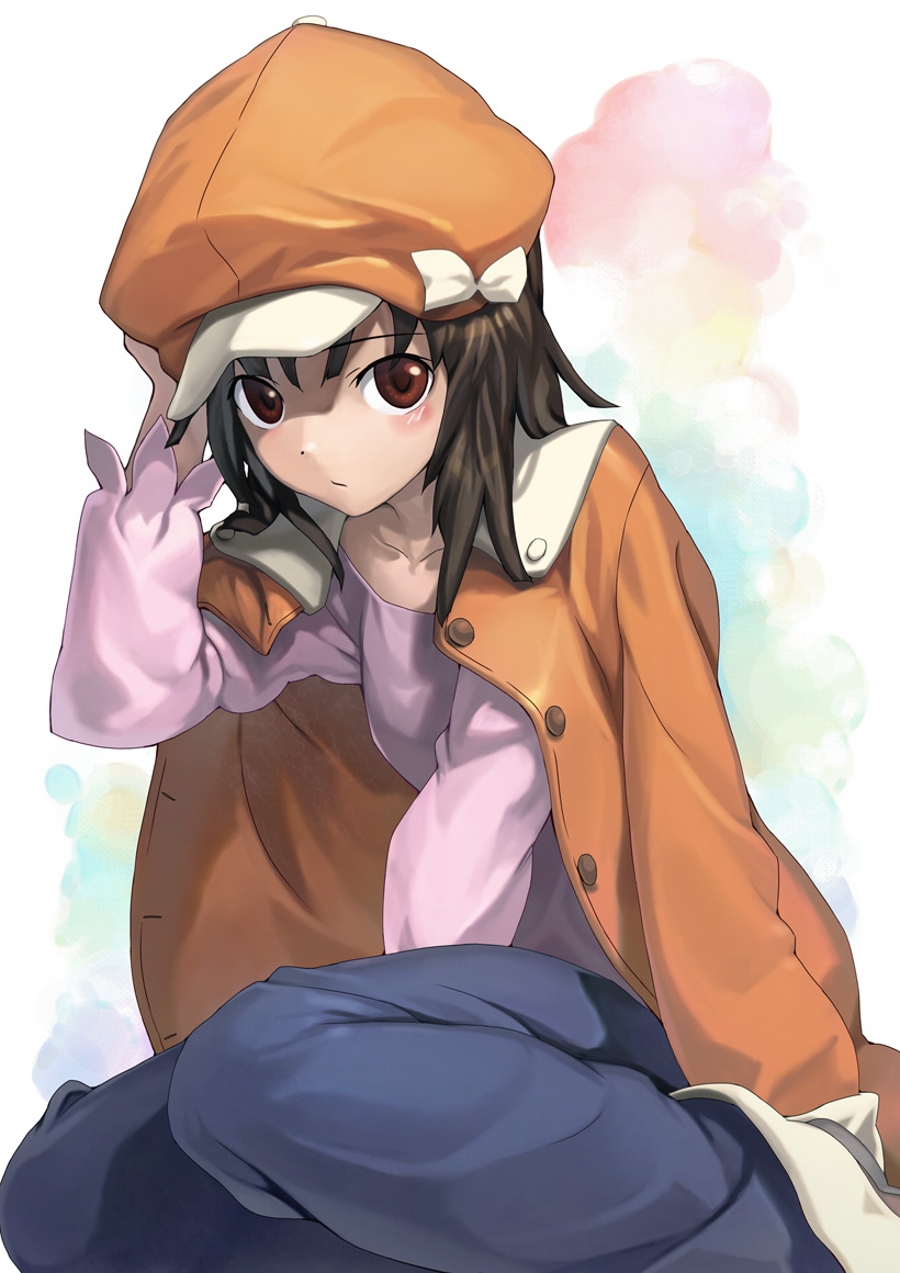 ryuutetsu, sengoku nadeko, bakemonogatari, monogatari (series), 00s, 1girl, :/, between legs, blush, brown eyes, brown hair, denim, female focus, hand between legs, hand on headwear, hat, jacket, jeans, kneeling, looking at viewer, newsboy cap, pants, sitting, solo