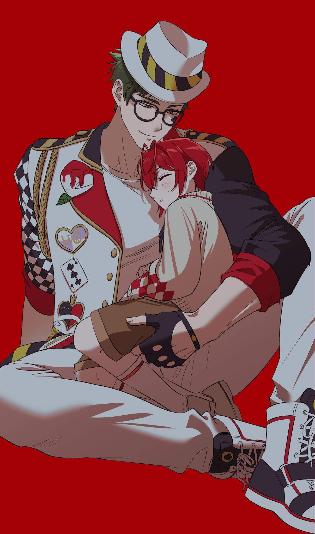 fsyoau, riddle rosehearts, trey clover, twisted wonderland, commentary, highres, symbol-only commentary, 2boys, age difference, aged down, aiguillette, antenna hair, award ribbon, badge, black-framed eyewear, black gloves, blush, boutonniere, brown cardigan, brown shorts, button badge, card, cardigan, carrying, checkered clothes, child carry, closed eyes, clover facial mark, collarbone, fedora, fingerless gloves, flower, full body, glasses, gloves, gold trim, green hair, hair between eyes, hand on another's thigh, hat, head on chest, heart antenna hair, heartslabyul dorm uniform, high tops, jacket, legs apart, looking at another, male focus, multiple boys, open clothes, open jacket, pale skin, pants, pants tucked in, parted lips, playing card, red background, red hair, rose, round eyewear, shirt, shoes, short hair, shorts, simple background, sitting, sleeping, sleeves rolled up, smile, sneakers, socks, time paradox, tube socks, very short hair, white flower, white hat, white pants, white rose, white shirt, white socks, yellow eyes