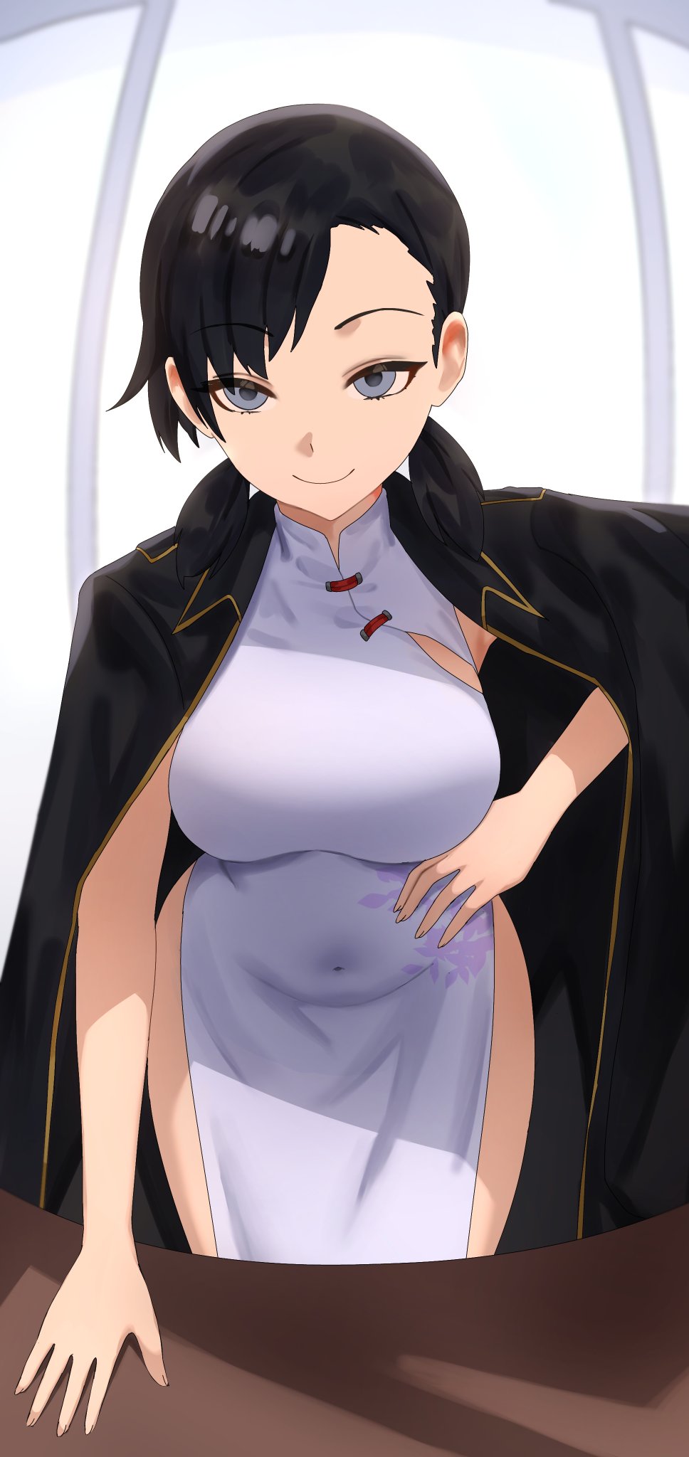 sinkoart, kanno fumi, devil survivor (series), devil survivor 2, highres, asymmetrical bangs, black hair, black jacket, breast cutout, breasts, china dress, chinese clothes, covered navel, dress, floral print, grey eyes, hand on own hip, jacket, jacket on shoulders, leaning forward, medium breasts, pelvic curtain, short twintails, side slit, smile, straight-on, twintails, white dress