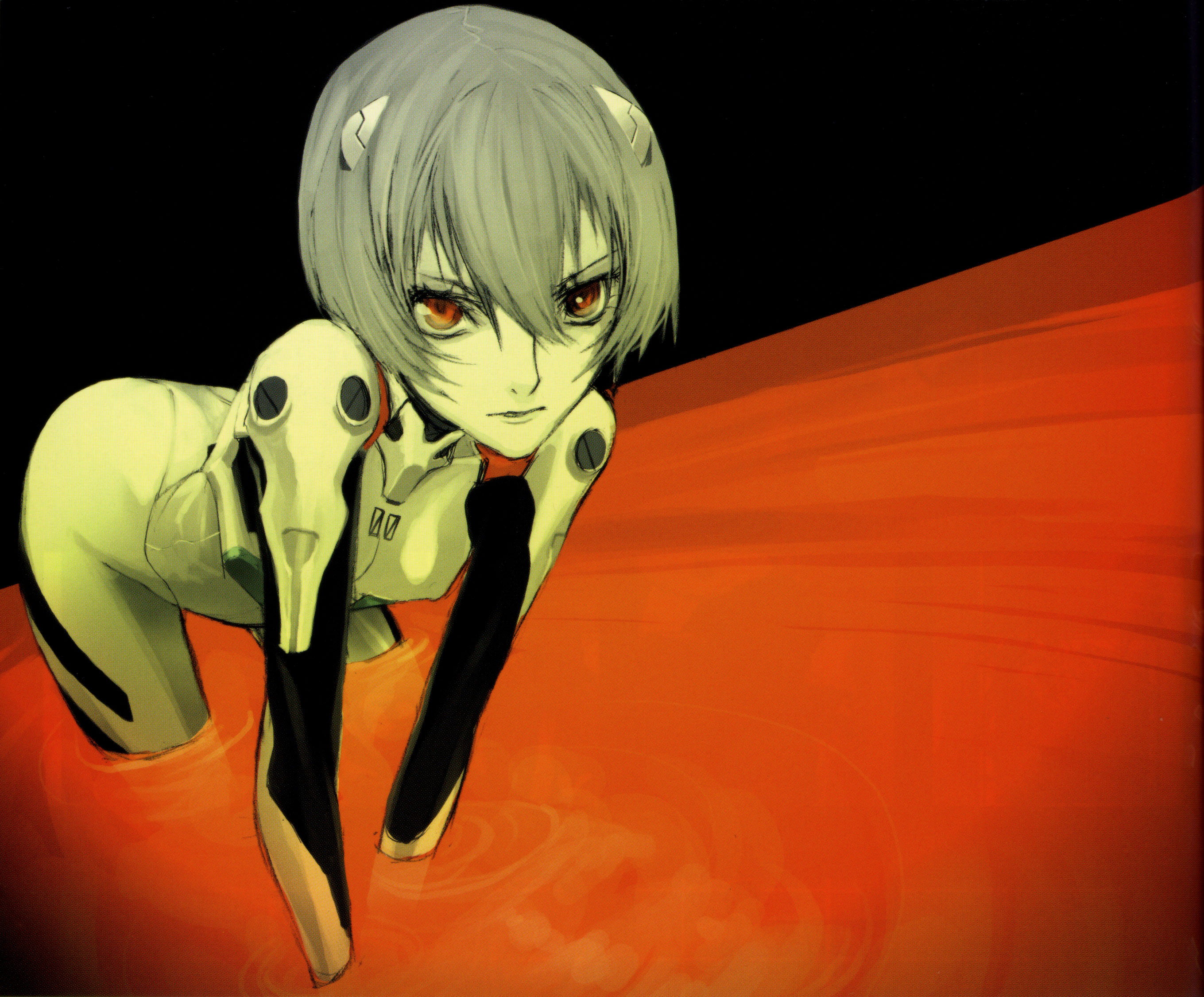 miwa shirow, ayanami rei, neon genesis evangelion, silver hair, highres, 1girl, all fours, blue hair, bodysuit, breasts, dutch angle, female focus, foreshortening, hair between eyes, lcl, looking at viewer, mecha pilot suit, pale skin, partially submerged, plugsuit (evangelion), red eyes, short hair, small breasts, solo, turtleneck