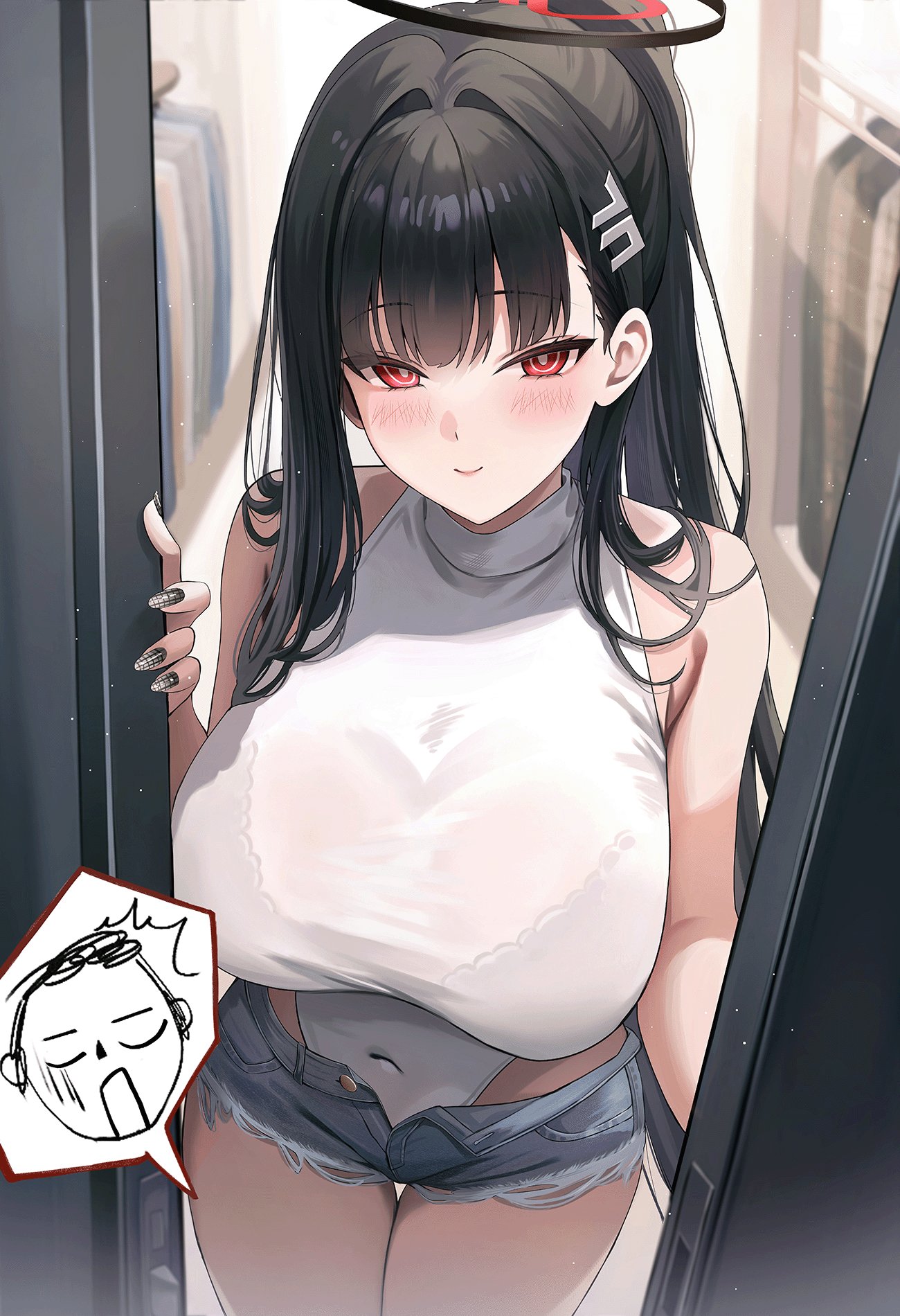 kottungyang, doodle sensei (blue archive), rio (blue archive), sensei (blue archive), blue archive, highres, 1boy, 1girl, alternate costume, black hair, black halo, blue shorts, breasts, bright pupils, covered navel, denim, denim shorts, doorway, hair ornament, hairclip, halo, large breasts, long hair, multicolored halo, nail polish, open clothes, open fly, open shorts, pov doorway, red eyes, ringed eyes, see-through clothes, short shorts, shorts, sleeveless, smile, speech bubble, two-tone halo, white pupils