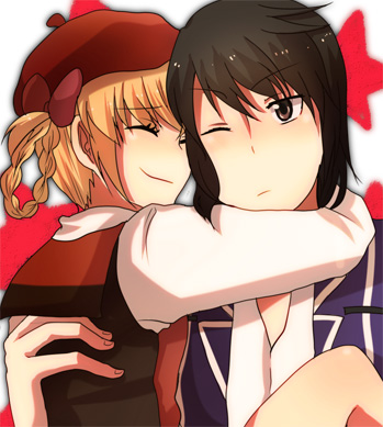 hitsuko, patty fleur, yuri lowell, tales of (series), tales of vesperia, lowres, 00s, 1boy, 1girl, alternate costume, black eyes, black hair, blonde hair, braid, hat, hetero, hug, official alternate costume, one eye closed, school uniform, smile, wink