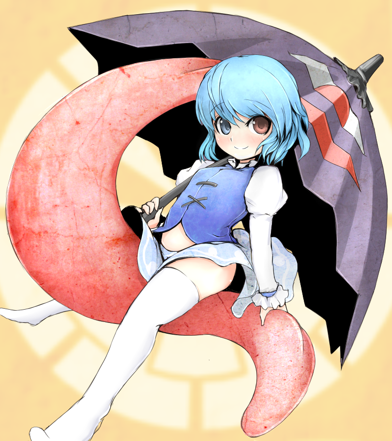 shishigami (sunagimo), tatara kogasa, touhou, 1girl, blue eyes, blue hair, female focus, heterochromia, karakasa obake, matching hair/eyes, red eyes, short hair, solo, thighhighs, tongue, umbrella