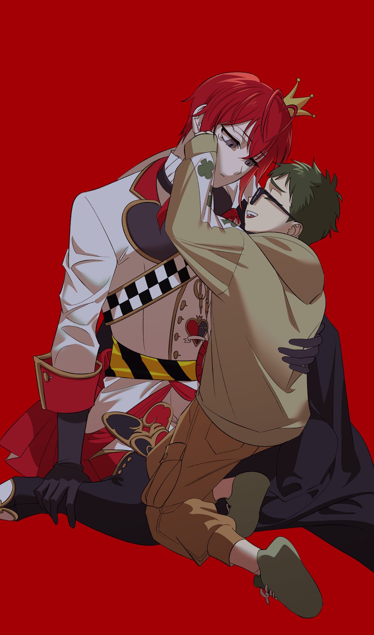 fsyoau, riddle rosehearts, trey clover, twisted wonderland, commentary, highres, symbol-only commentary, 2boys, :d, age difference, aged down, antenna hair, arm up, black-framed eyewear, black boots, black cape, black gloves, boots, brown hoodie, brown pants, cape, capri pants, cargo pants, checkered clothes, closed eyes, coat, contrast lapels, crown, crying, crying with eyes open, elbow gloves, empty eyes, expressionless, face-to-face, frilled shirt collar, frills, glasses, gloves, gold trim, green hair, green shoes, grey eyes, hair between eyes, hand on another's back, hand on own ankle, heart antenna hair, heartslabyul dorm uniform, hood, hood down, hoodie, knee boots, kneeling, lapels, looking at another, male focus, mini crown, multiple boys, open mouth, pale skin, pants, raised inner eyebrows, red background, red hair, sash, shirt, shoes, short hair, side cape, simple background, sitting, sleeve cuffs, smile, sneakers, tears, time paradox, very short hair, waist sash, wariza, white coat, white shirt, wiping tears