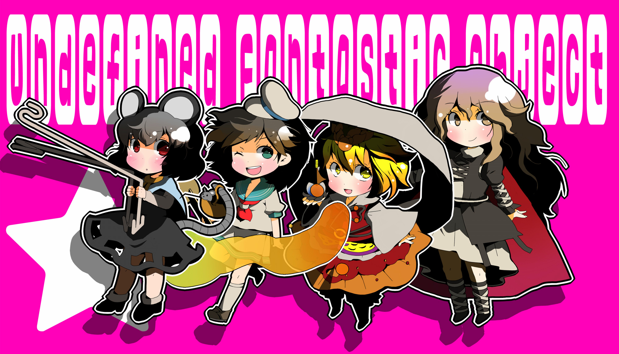 mari oil, hijiri byakuren, murasa minamitsu, nazrin, toramaru shou, touhou, bad id, bad pixiv id, highres, 4girls, bishamonten's pagoda, chibi, female focus, multiple girls