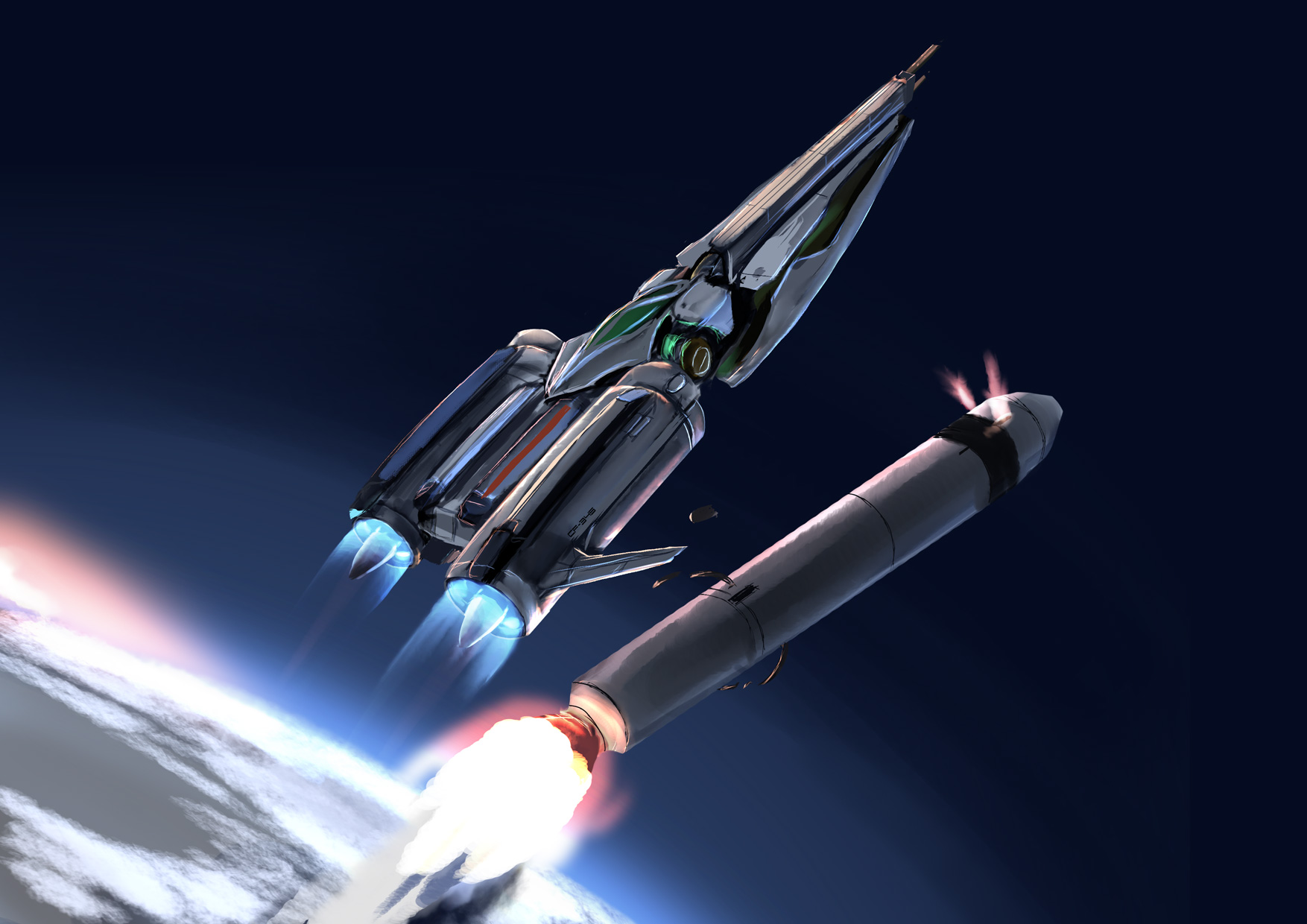 oosaki eru, cf-345 black fly, taito, highres, canopy (aircraft), earth (planet), flying, in orbit, laser cannon, metal black (taito), military vehicle, planet, rocket, rocket engine, science fiction, space, spacecraft, starfighter, thrusters, vehicle focus, weapon