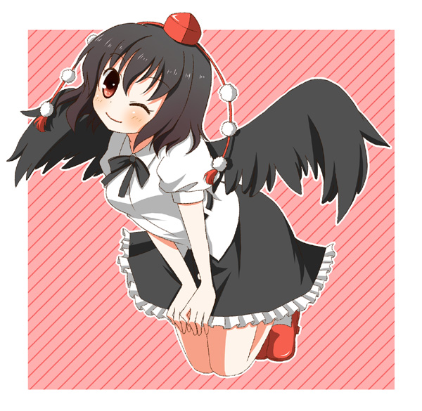 suta102, shameimaru aya, touhou, bad id, bad pixiv id, 1girl, black hair, blush, female focus, hat, kneeling, looking at viewer, one eye closed, red eyes, skirt, solo, tengu, tokin hat, wings, wink