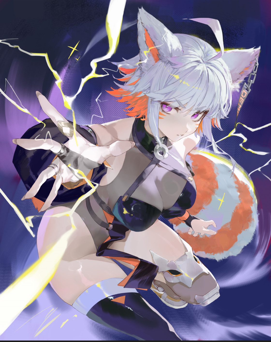 darr1o, demenishki, indie virtual youtuber, highres, official art, 1girl, ahoge, black sleeves, breasts, ear tag, electricity, facial mark, large breasts, leotard, loincloth, orange hair, purple eyes, red panda ears, red panda girl, red panda tail, see-through cleavage, see-through clothes, see-through leotard, tail, thick thighs, thighhighs, thighs, virtual youtuber, whisker markings, white hair, wide hips