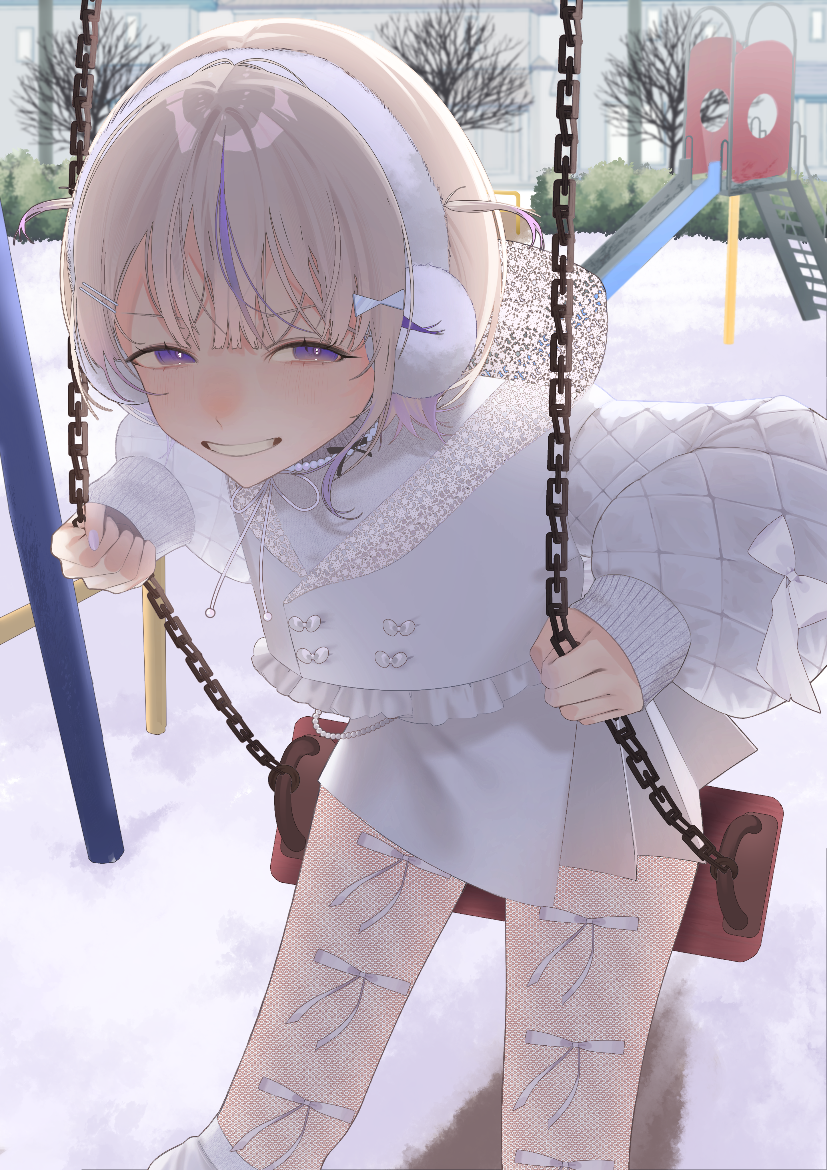 todoroki hajime, hololive, hololive dev is, absurdres, commentary request, highres, 1girl, bayb, blonde hair, cold, earmuffs, grin, looking at viewer, multicolored hair, on swing, outdoors, park, playground, purple eyes, purple hair, short hair, slide, smile, snow, solo, streaked hair, swing, swing set, two side up, virtual youtuber