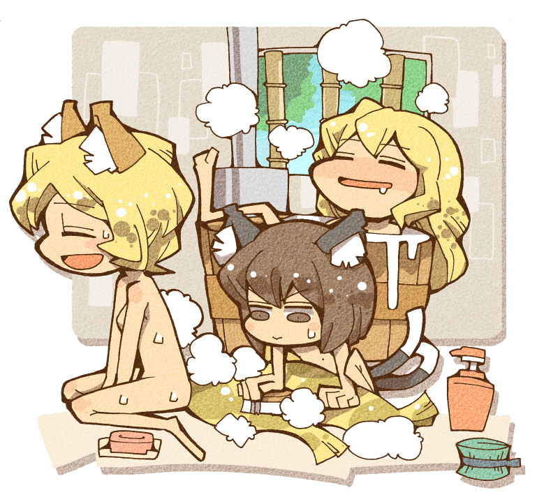 hounori, chen, yakumo ran, yakumo yukari, touhou, bad id, bad pixiv id, 3girls, bath, female focus, multiple girls, nude, same-sex bathing, shared bathing