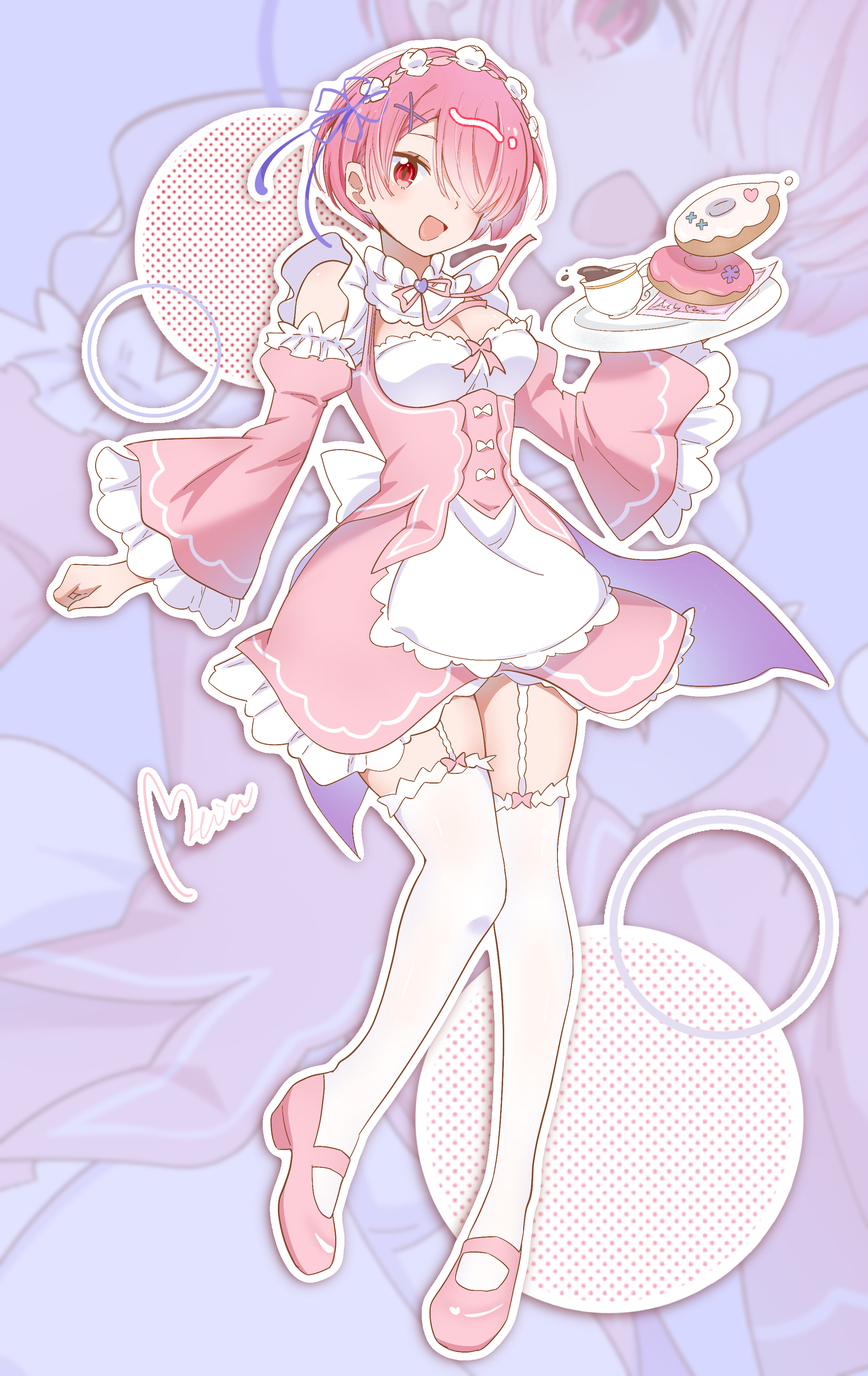 olivia66949612, ram (re:zero), absurdres, highres, 1girl, alternate costume, apron, blush, bow, breasts, detached sleeves, donut, dress, dress shoes, food, frilled apron, frilled dress, frilled sleeves, frills, hair ornament, holding, holding plate, leg up, leggings, looking at viewer, maid, maid apron, maid headdress, medium breasts, neck ribbon, open mouth, pink bow, pink dress, pink hair, pink ribbon, pink shoes, plate, red eyes, ribbon, roswaal mansion maid uniform, shoes, short hair, short sleeves, smile, solo, thigh strap, waist apron, white apron, white leggings, x hair ornament