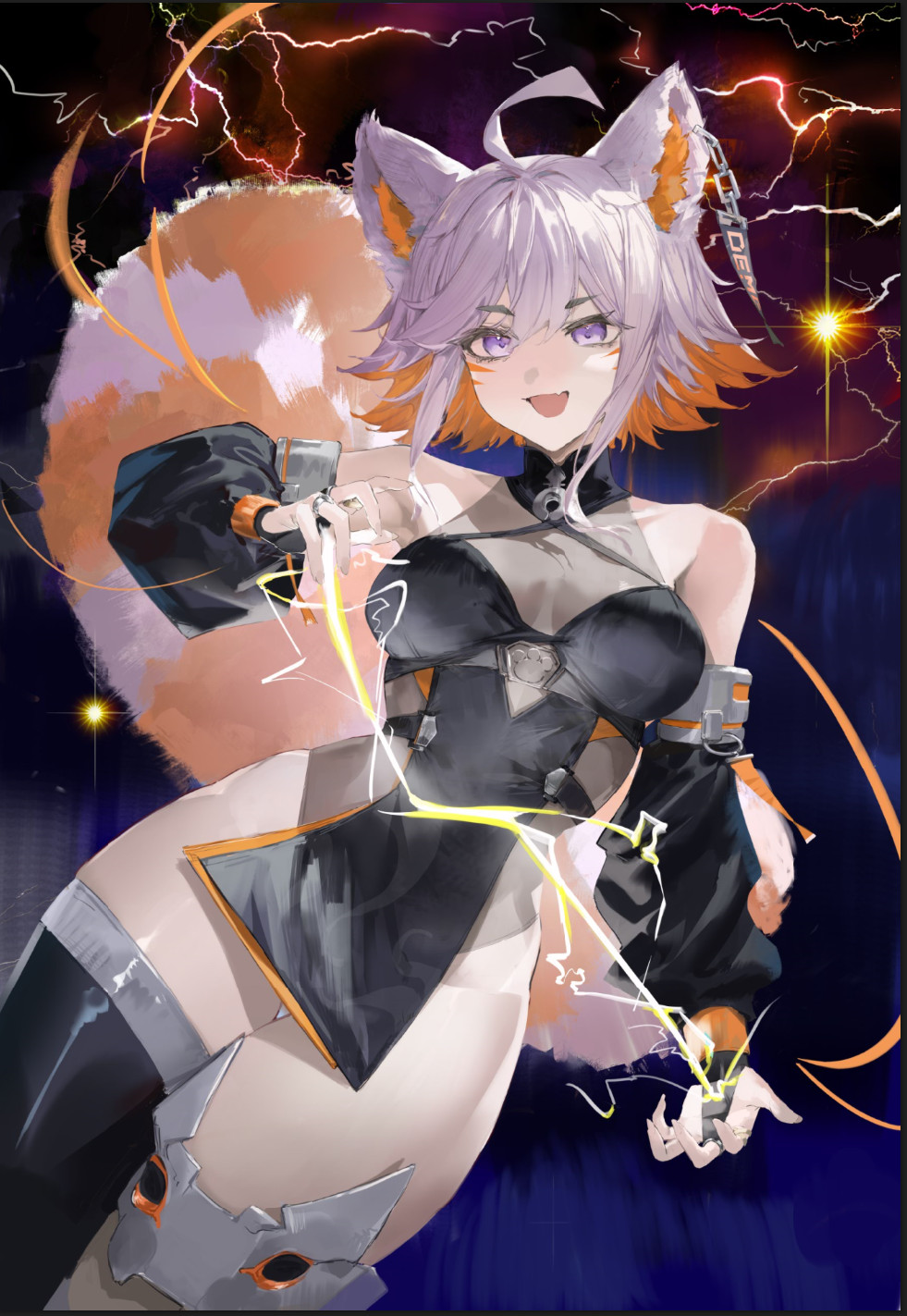 darr1o, demenishki, indie virtual youtuber, highres, official art, 1girl, ahoge, black sleeves, breasts, electricity, facial mark, large breasts, leotard, loincloth, open mouth, orange hair, purple eyes, red panda ears, red panda girl, red panda tail, see-through cleavage, see-through clothes, see-through leotard, tail, thick thighs, thighhighs, thighs, virtual youtuber, whisker markings, white hair, wide hips