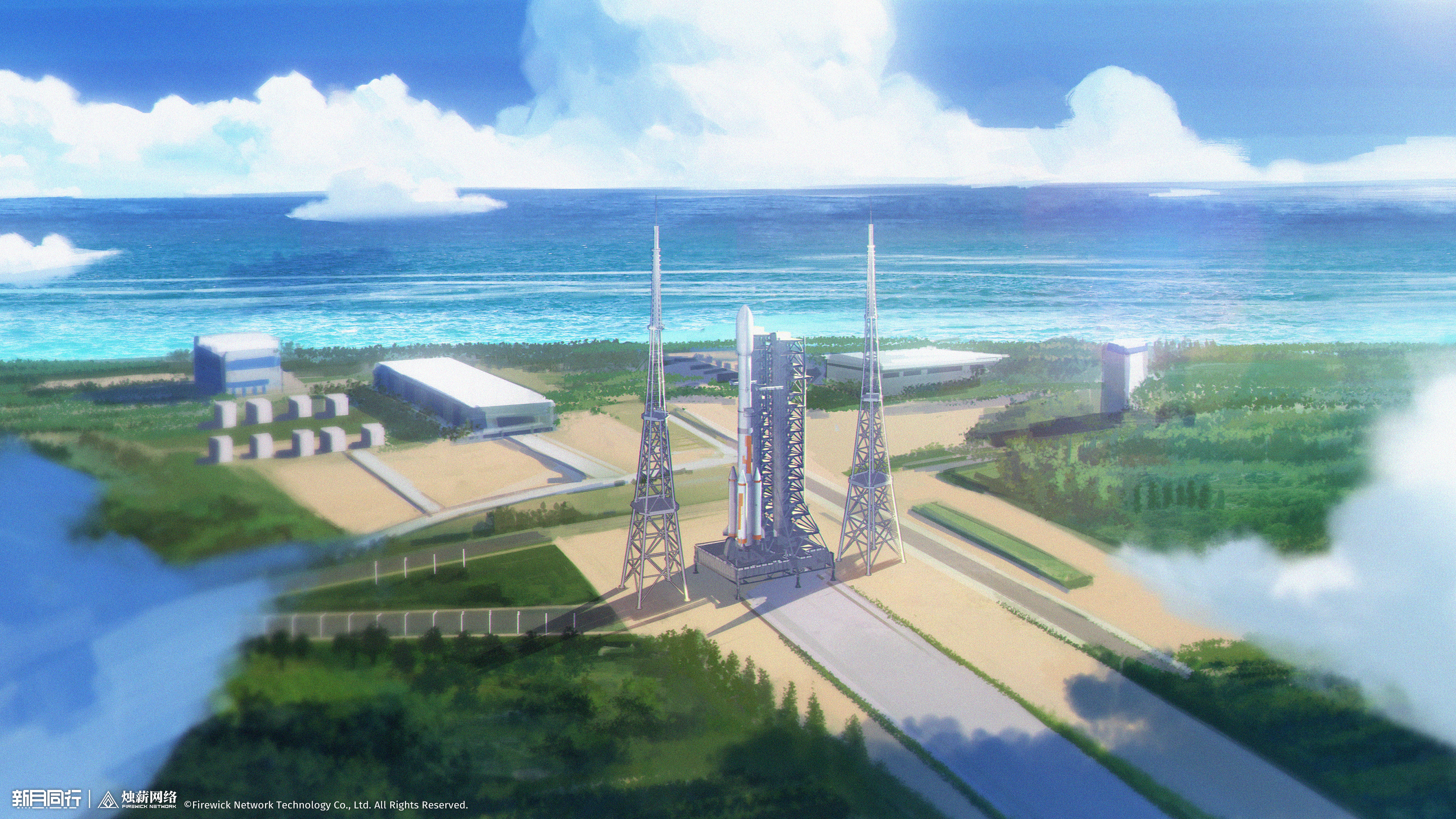 xinyue tongxing, absurdres, highres, official art, official wallpaper, blue sky, building, cloud, cloudy sky, copyright name, copyright notice, day, grass, launch pad, logo, no humans, ocean, outdoors, rocket, scenery, sky, tower, truss