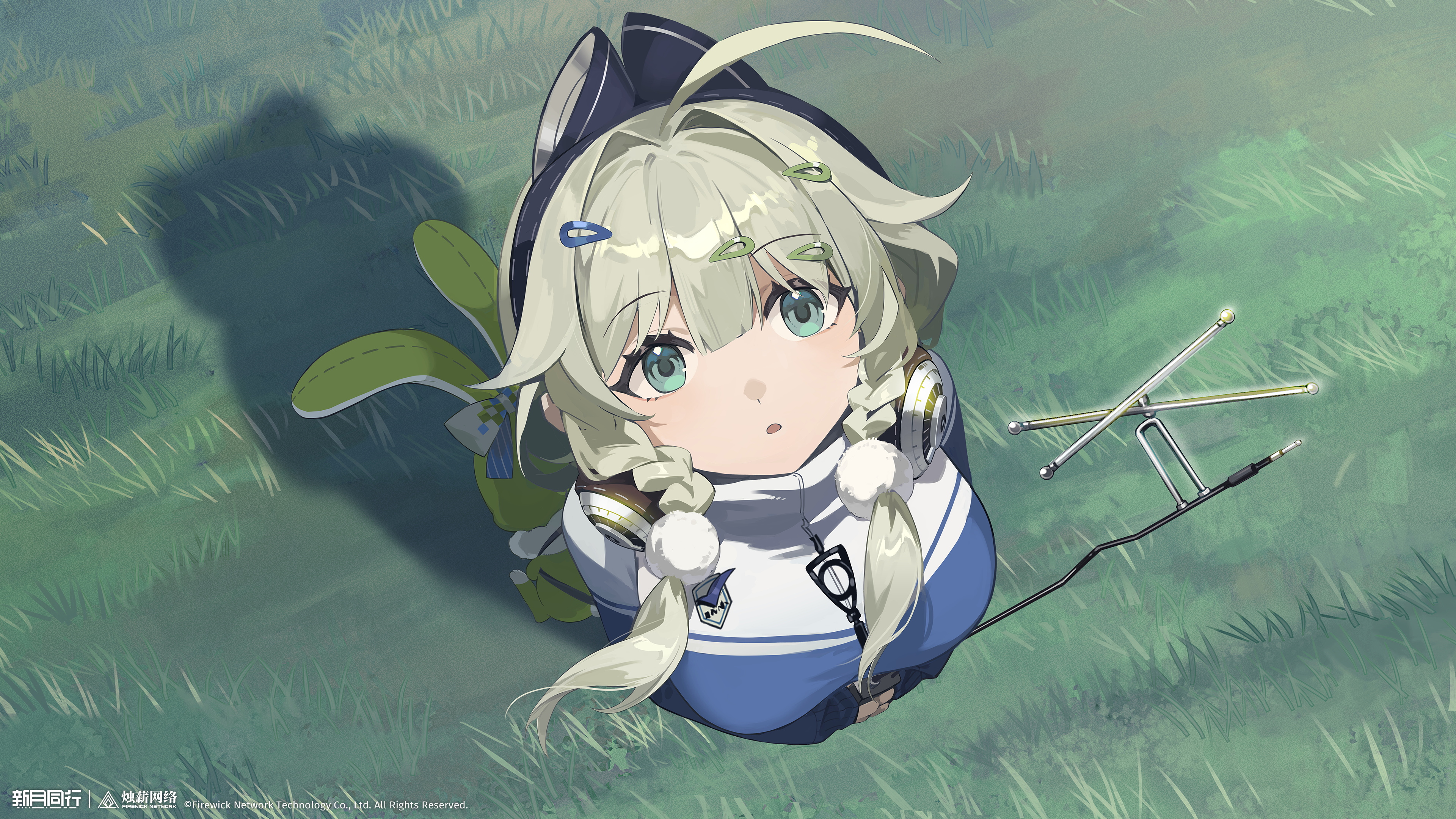 xinyue tongxing, absurdres, highres, official art, official wallpaper, 1girl, :o, ahoge, black hairband, chinese track school uniform, copyright name, copyright notice, from above, full body, grass, green eyes, green hair, hair ornament, hairband, hairclip, headphones, headphones around neck, logo, long hair, looking at viewer, looking up, low twintails, pom pom (clothes), pom pom hair ornament, radio antenna, school uniform, shadow, solo, stuffed animal, stuffed rabbit, stuffed toy, twintails, yayin (xinyue tongxing)
