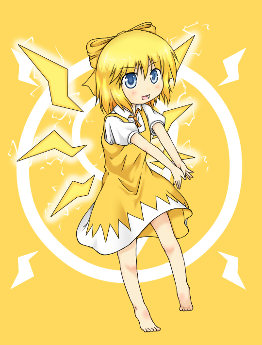 haty, cirno, ikazu cirno, touhou, 1girl, alternate costume, alternate element, barefoot, blonde hair, blue eyes, bow, circled 9, electricity, female focus, hair bow, short hair, solo, wings, yellow theme