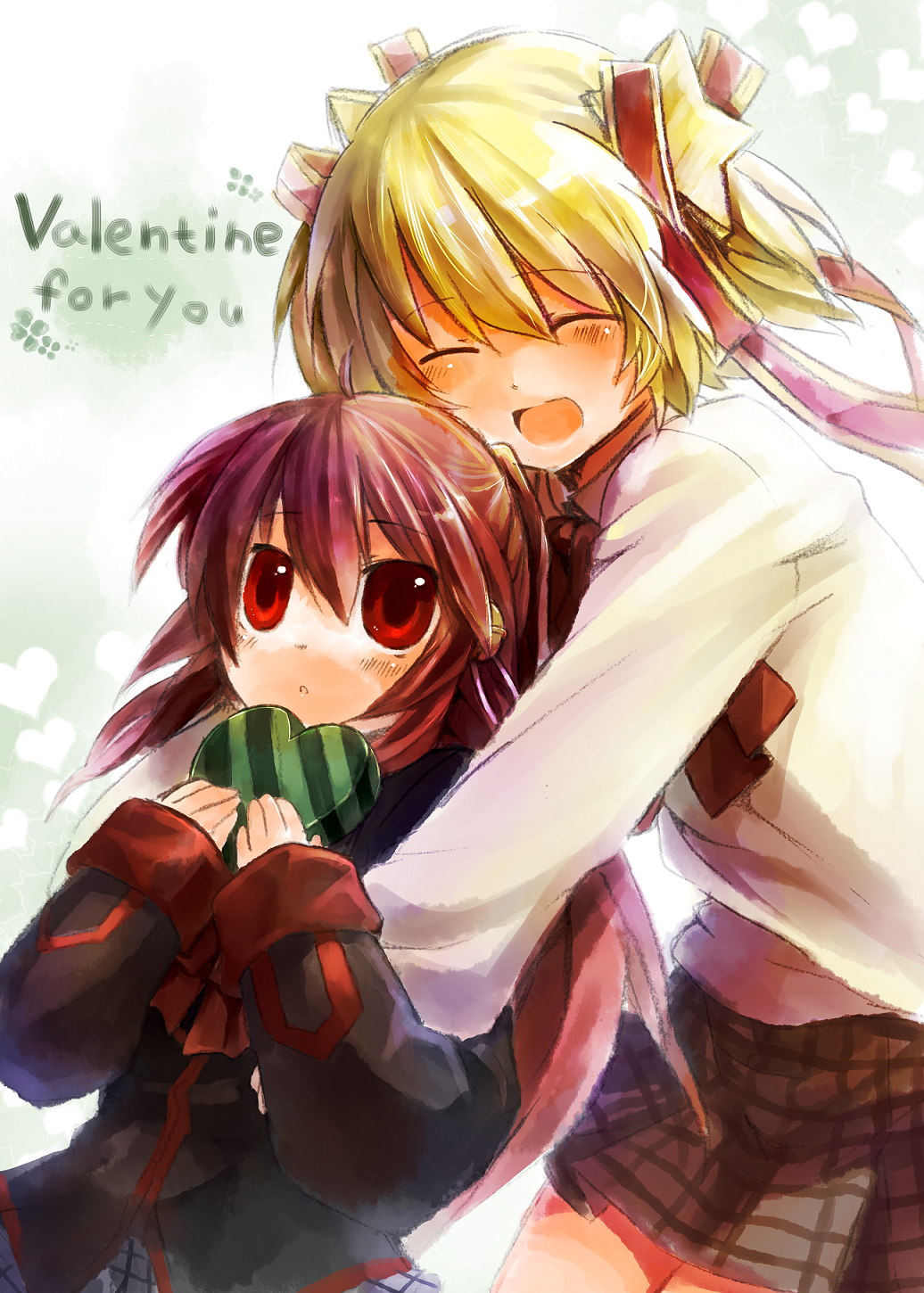 komota (mikebukuro), kamikita komari, natsume rin, little busters!, highres, 2girls, blonde hair, brown hair, closed eyes, hair ribbon, happy, heart, hug, long hair, multiple girls, pink hair, plaid clothes, plaid skirt, ponytail, red eyes, ribbon, school uniform, short hair, skirt, valentine